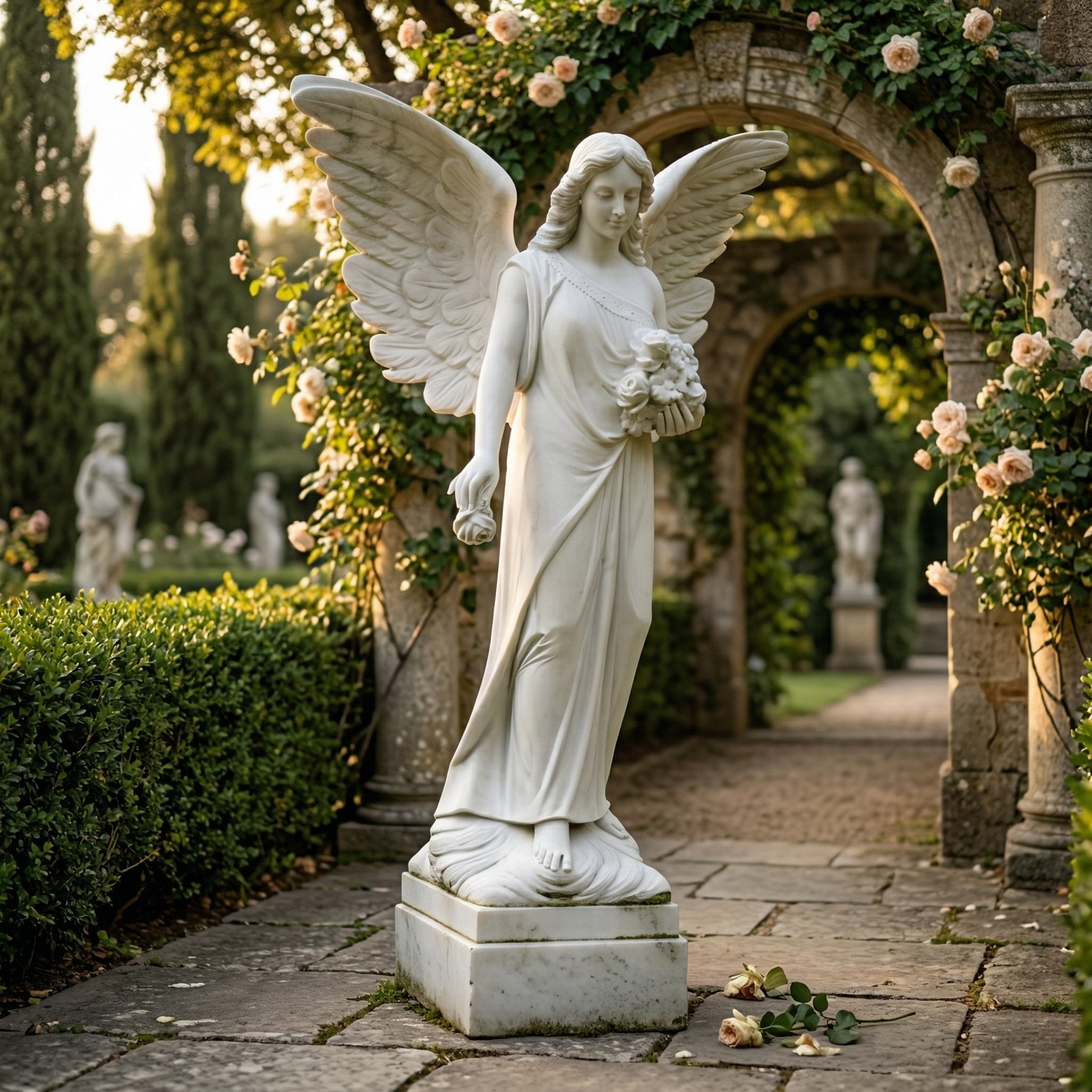 The Floral Grace Angel Marble Outdoor Sculpture (220cm) by Giant Sculptures stands on a stone path amid lush greenery and blooming roses, with other statues nearby, creating a serene garden ambiance.