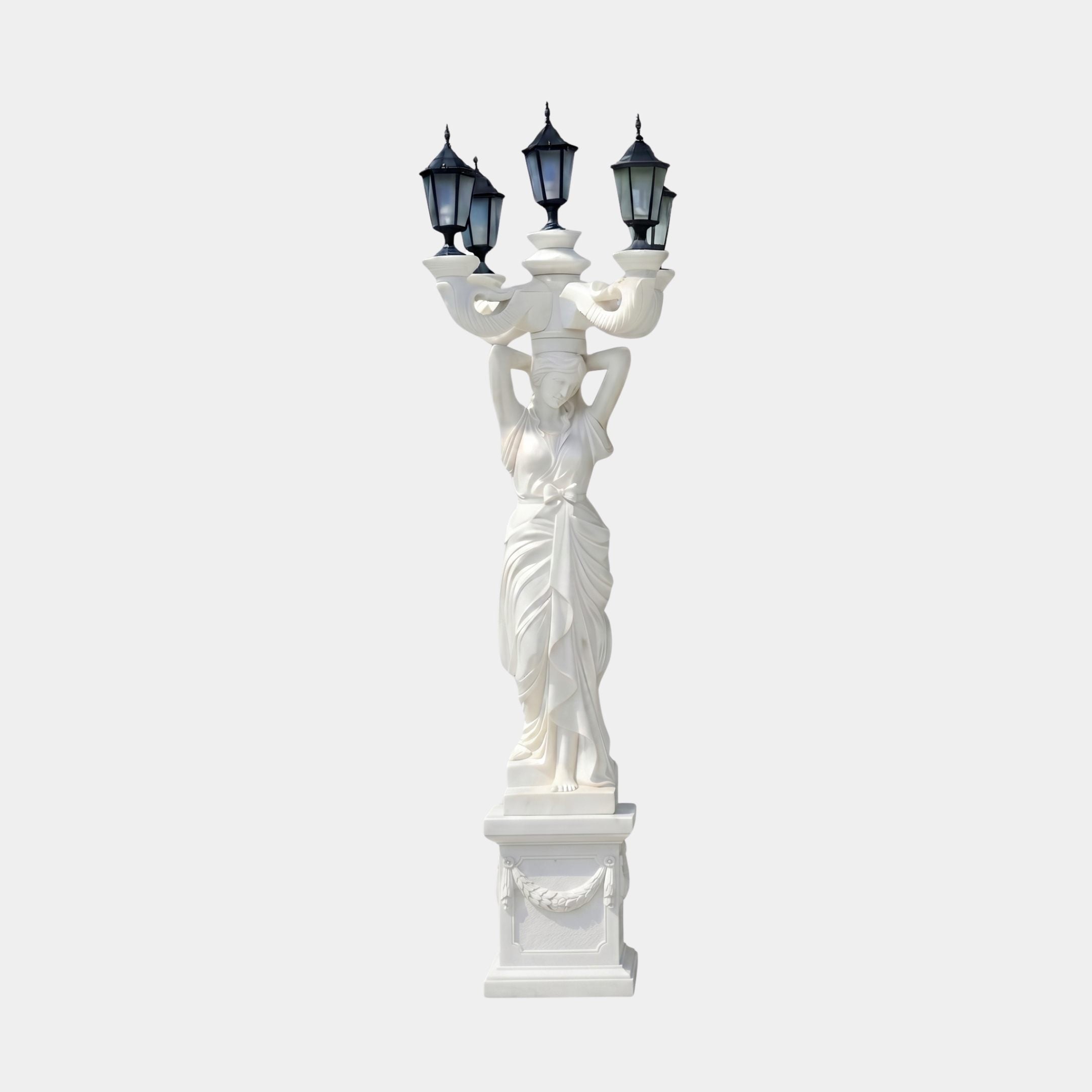 Classical Woman Lamp Marble Sculpture by Giant Sculptures, 300cm white marble figure in draped robes holding five black lanterns, on a carved pedestal.