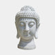 The Buddha Head Marble Sculpture - 50cm by Giant Sculptures features closed eyes, elongated earlobes, and detailed curls in white marble, evoking calm and serenity against a simple light backdrop.