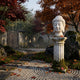 A tranquil Japanese garden with autumn leaves, mossy rocks, a stone path, and the Buddha Head Marble Sculpture - 50cm by Giant Sculptures on a pedestal, surrounded by raked gravel. A wooden gate appears in the background.