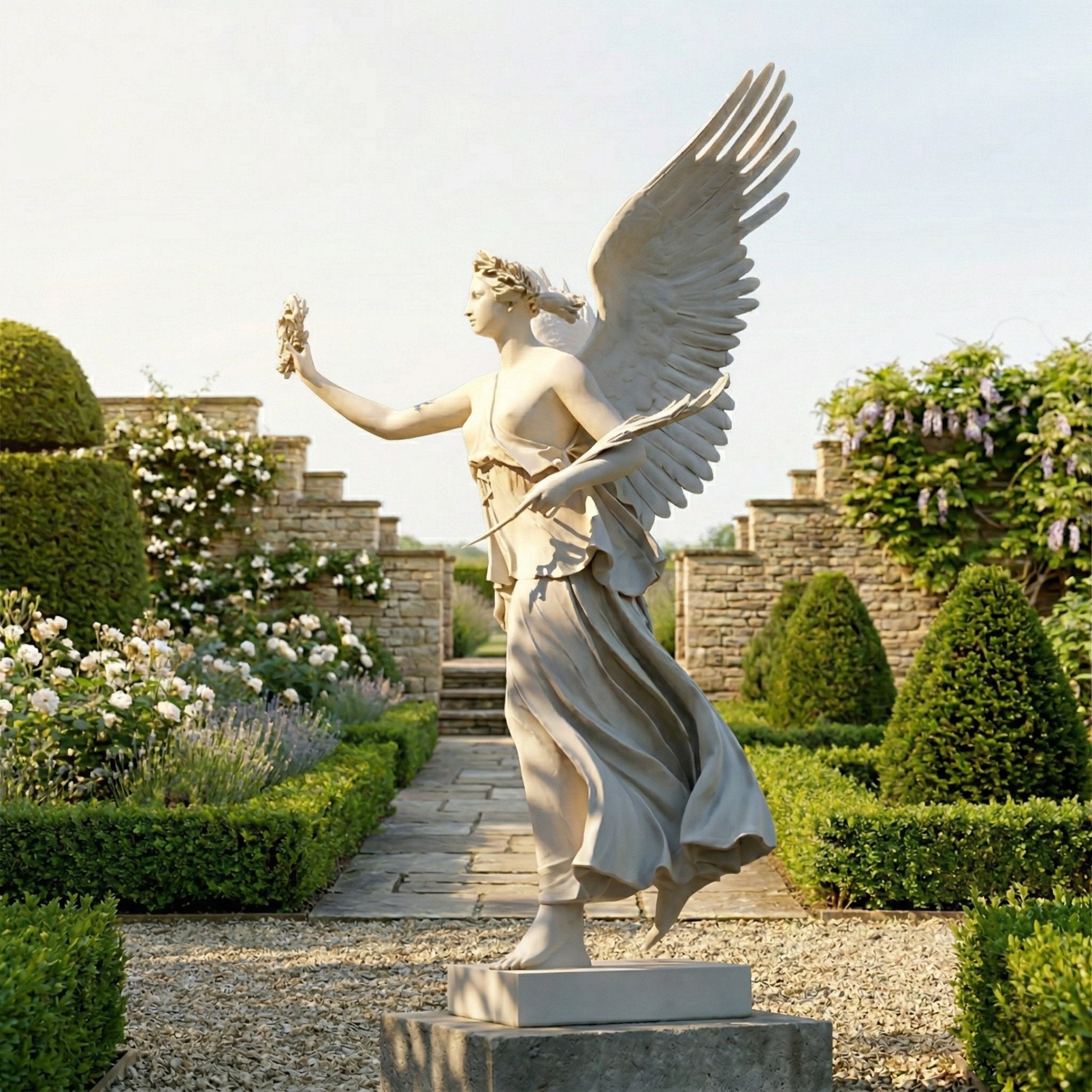 The Giant Sculptures Giant Soaring Laurel Angel Marble Outdoor Sculpture (300cm) stands in a formal garden, surrounded by hedges, flowers, and stone walls. The angel wears a laurel crown and flowing dress, holding a small object under a clear sky.