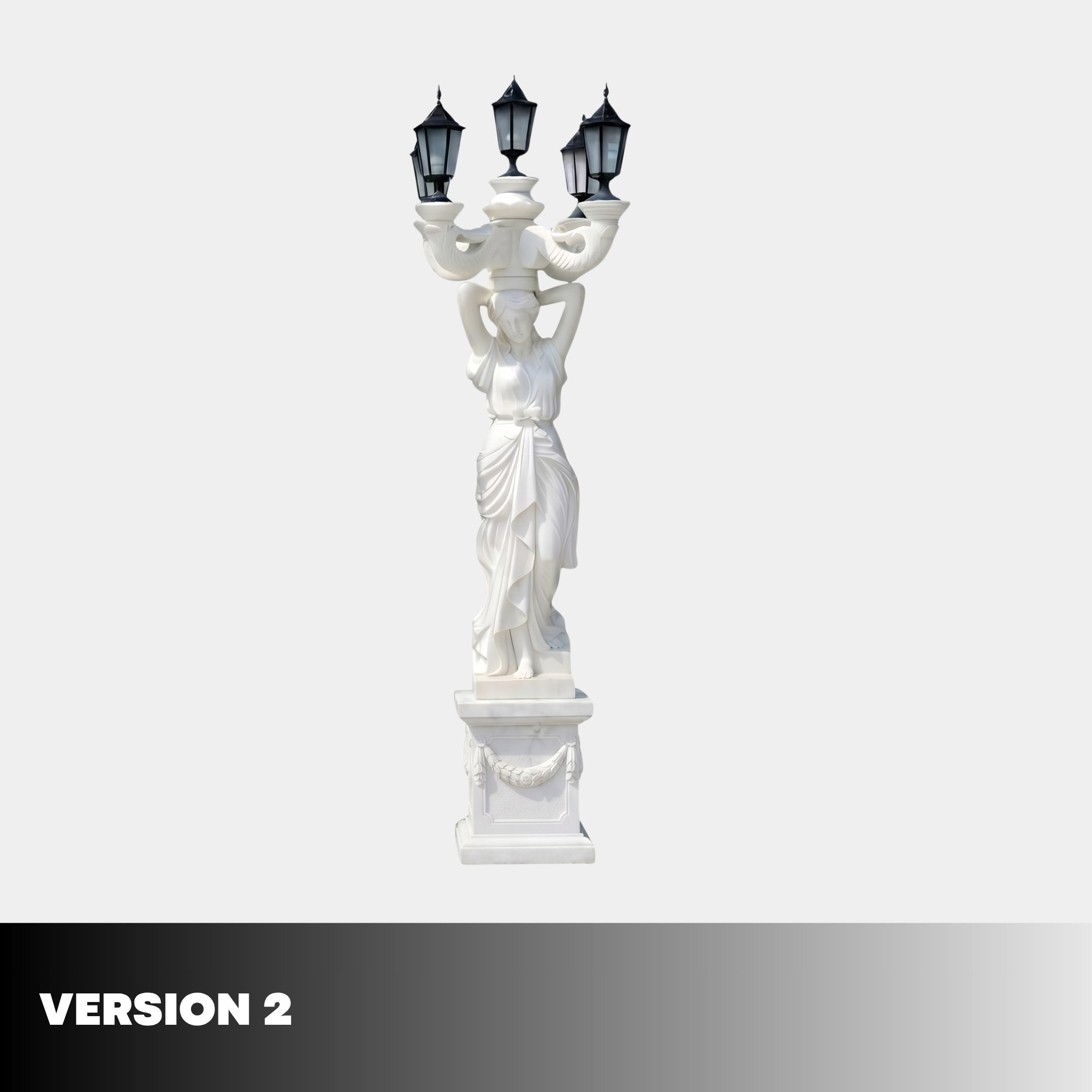 Classical Woman Lamp Marble Lamp Sculpture 300cm by Giant Sculptures, white marble draped female figure holding a five-arm black lantern candelabra on carved pedestal.