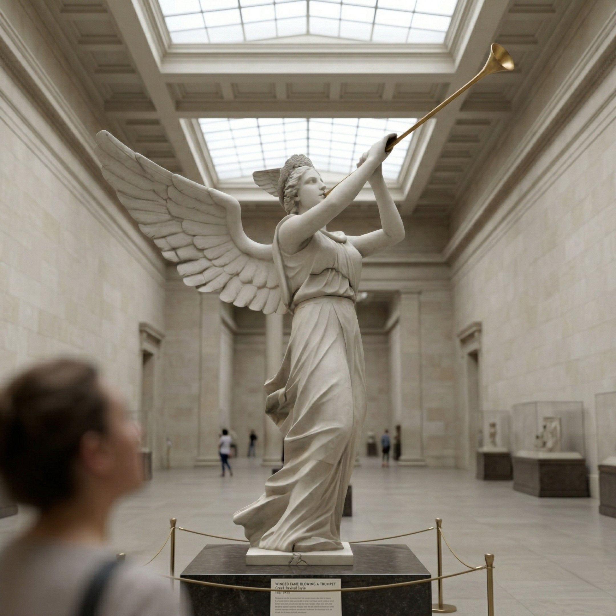 The Trumpeting Herald Angel Marble Outdoor Sculpture - 300cm by Giant Sculptures stands in a spacious, skylit gallery as visitors admire the winged figure blowing a trumpet, echoing the style of an angel garden statue.