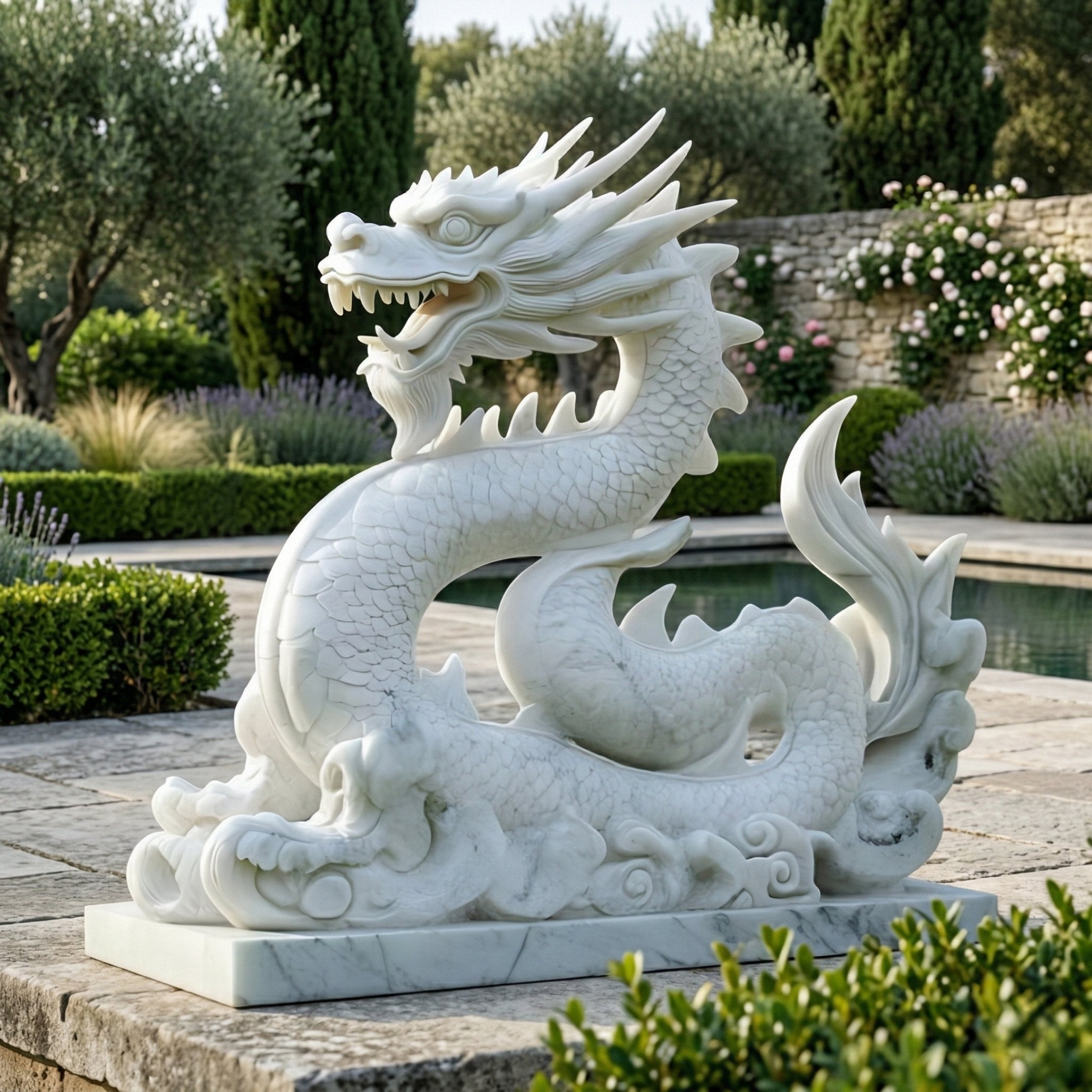 The Imperial Dragon White Marble Outdoor Sculpture - 120cm by Giant Sculptures stands on a stone platform in a landscaped garden, surrounded by hedges, flowering plants, and a reflecting pool.