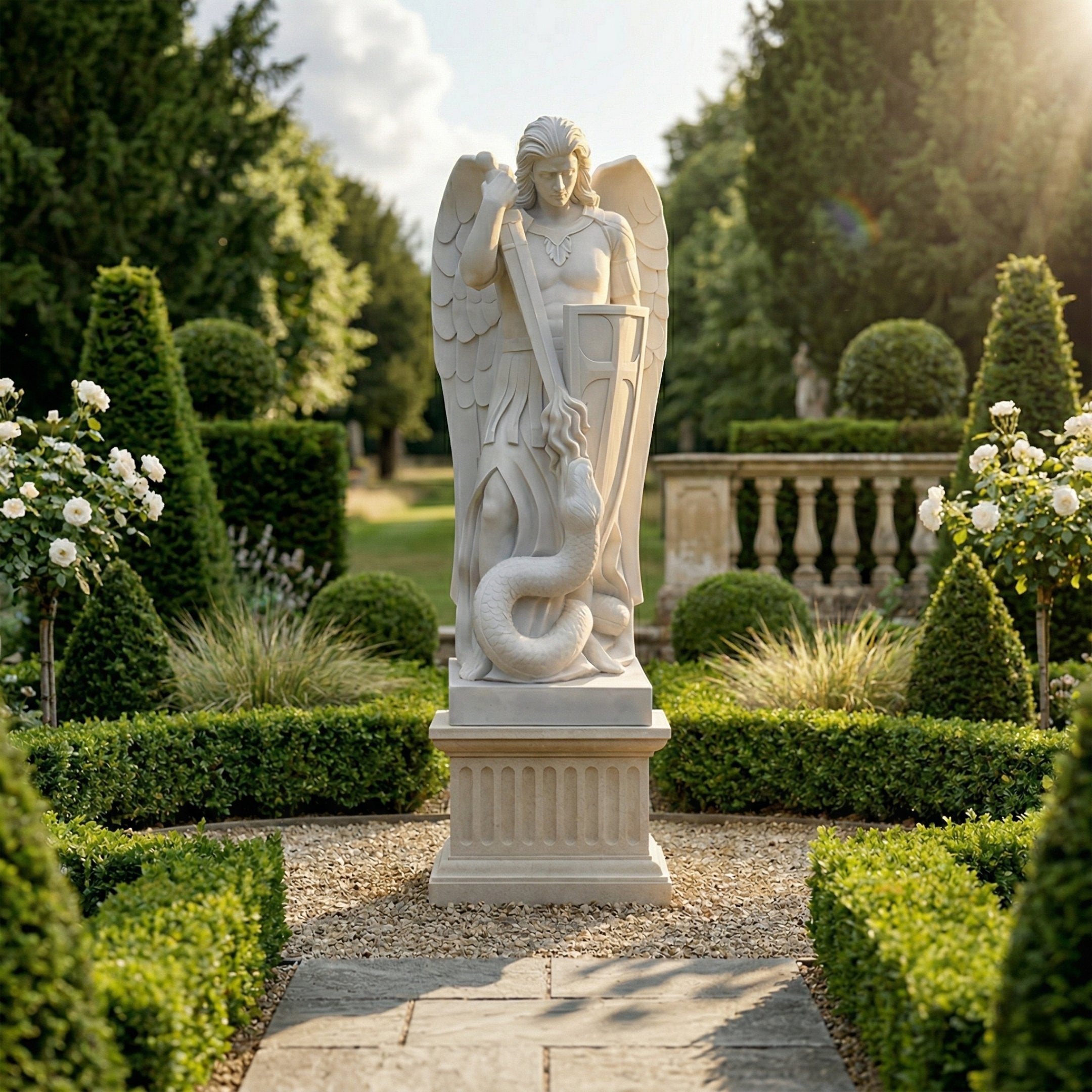 The Serpent Vanquisher Angel Marble Outdoor Sculpture - 220cm by Giant Sculptures stands among hedges and white flowers, holding a sword and shield, as sunlight filters through the trees to illuminate this striking garden statue.