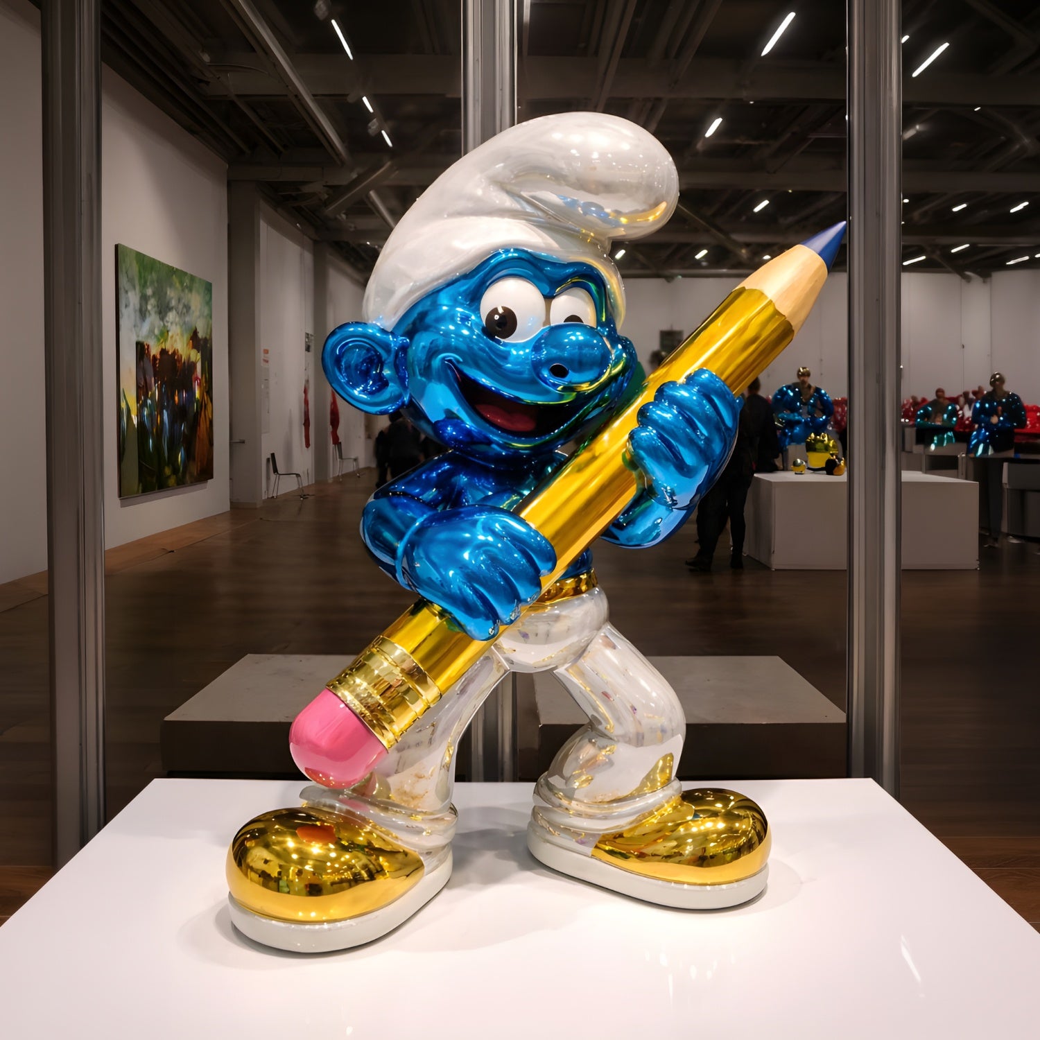 The Giant Pencil Smurf Life-Size Standing Sculpture—150cm by Giant Sculptures features a shiny blue Smurf with metallic gold shoes and hat holding a giant yellow pencil, displayed with other contemporary artworks in a modern gallery.