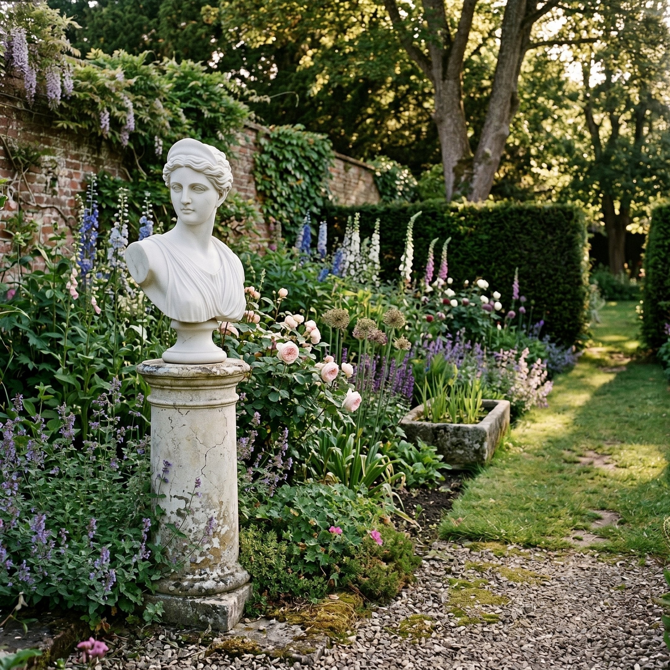 The Diana Marble Bust Sculpture - 65cm by Giant Sculptures stands on a pedestal in a lush garden with blooming flowers, green shrubs, and a stone path—an elegant tribute to classical femininity.