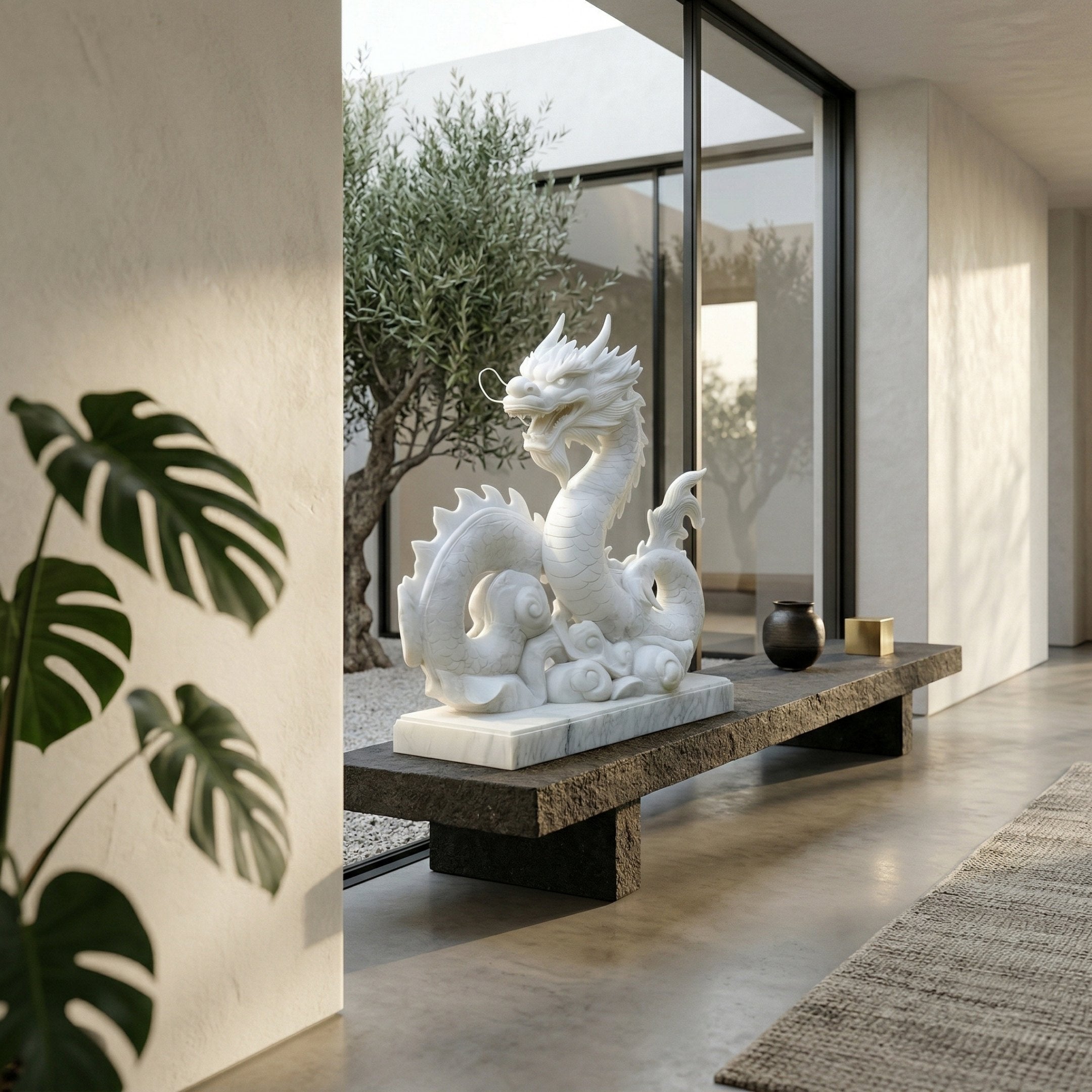The Serpentine Dragon White Marble Outdoor Sculpture - 120cm by Giant Sculptures sits on a stone bench in a modern, minimalist room with large windows, potted plants, and views of the outdoor garden through the glass.