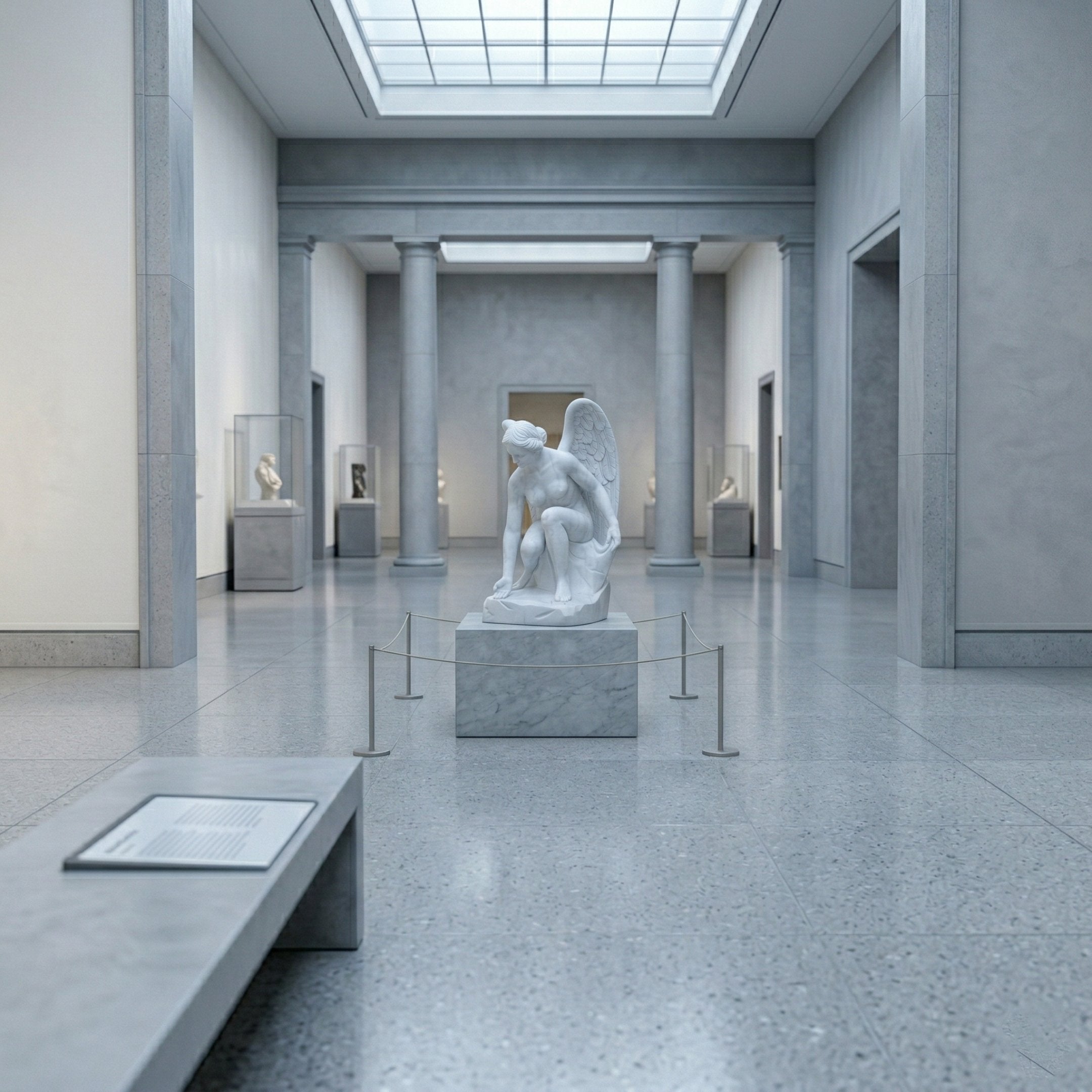 The Crouching Grace Angel Marble Outdoor Sculpture by Giant Sculptures (150cm) is displayed on a pedestal in a bright museum gallery with classical columns, glass cases, and a skylight. A bench with an info plaque appears in the foreground.