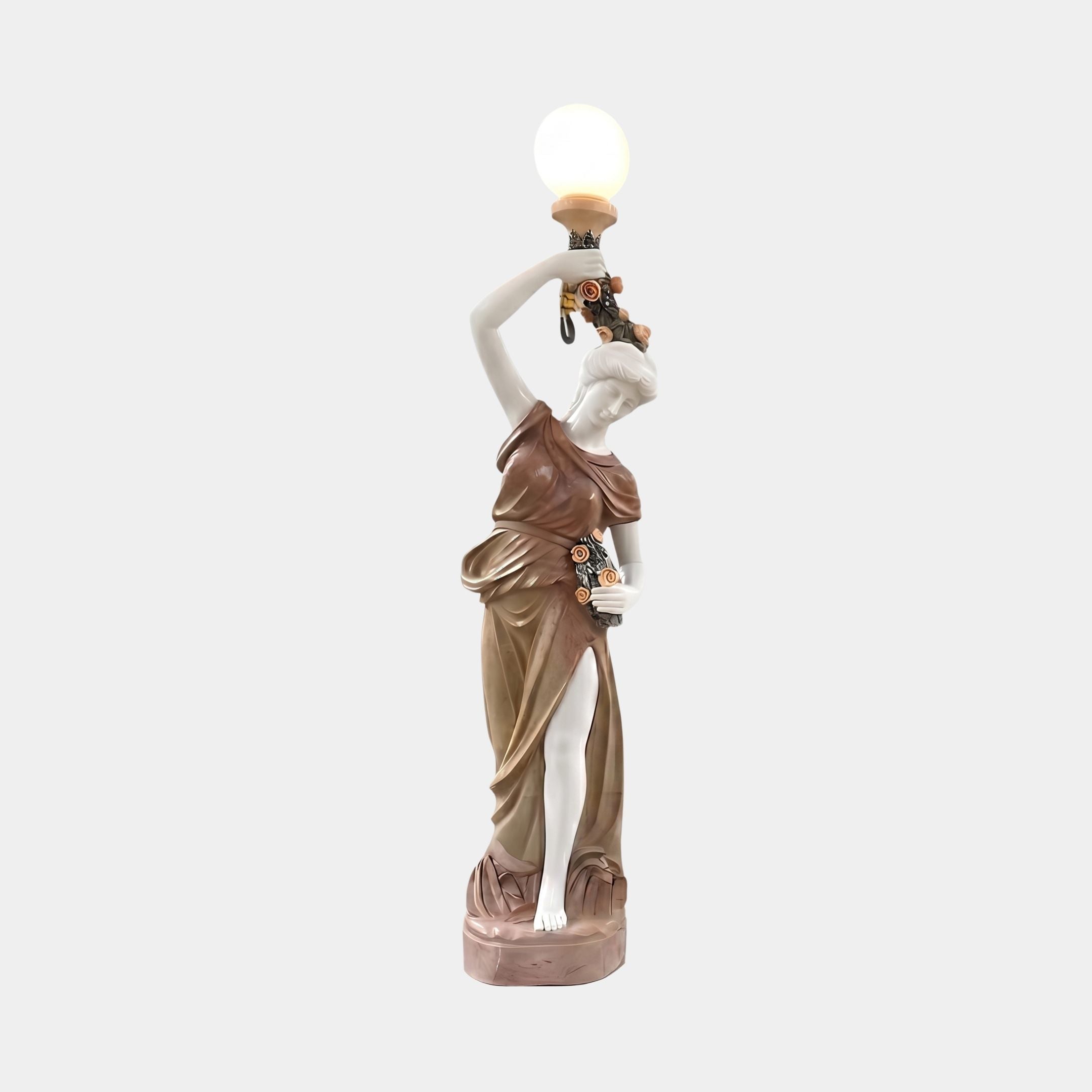 Dancing Lady Lamp Marble Sculpture by Giant Sculptures, 180cm, depicting a robed woman in white and brown marble raising an illuminated globe lamp, on a plain background.