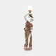 Dancing Lady Lamp Marble Sculpture by Giant Sculptures, 180cm, depicting a robed woman in white and brown marble raising an illuminated globe lamp, on a plain background.