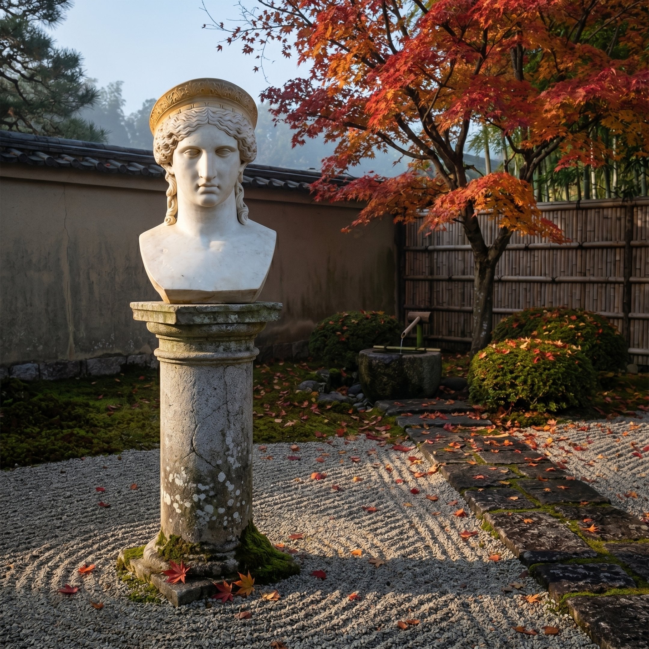 The Hera Marble Bust Sculpture (50cm) by Giant Sculptures stands on a pedestal in a serene garden with raked gravel, autumn leaves, and a vibrant Japanese maple. A stone path and bamboo fence complete the tranquil scene.