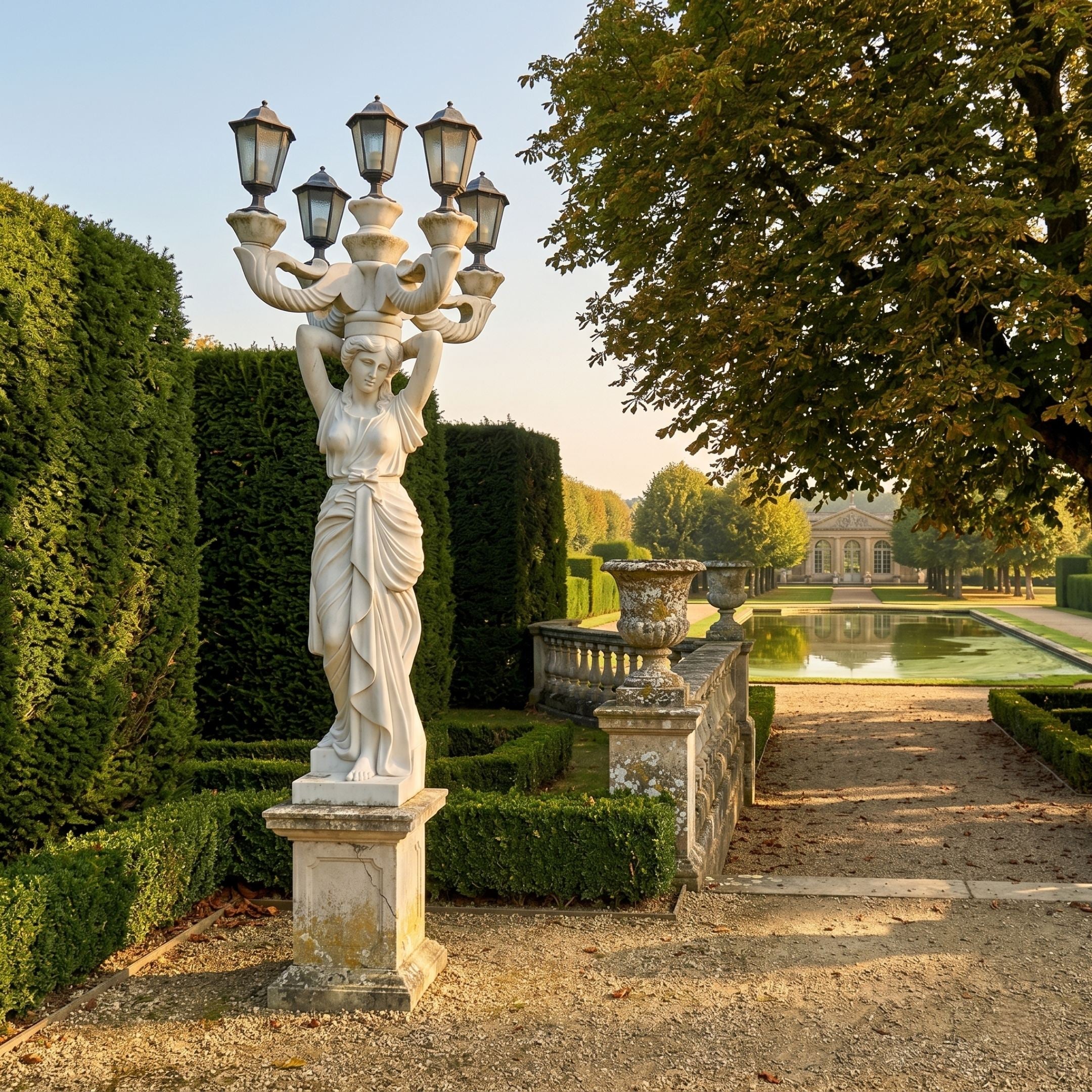 Giant Sculptures' 300cm Classical Woman Five-Arm Lamp Marble Sculpture on a pedestal beside a hedged garden path, with a reflecting pool and pavilion beyond.