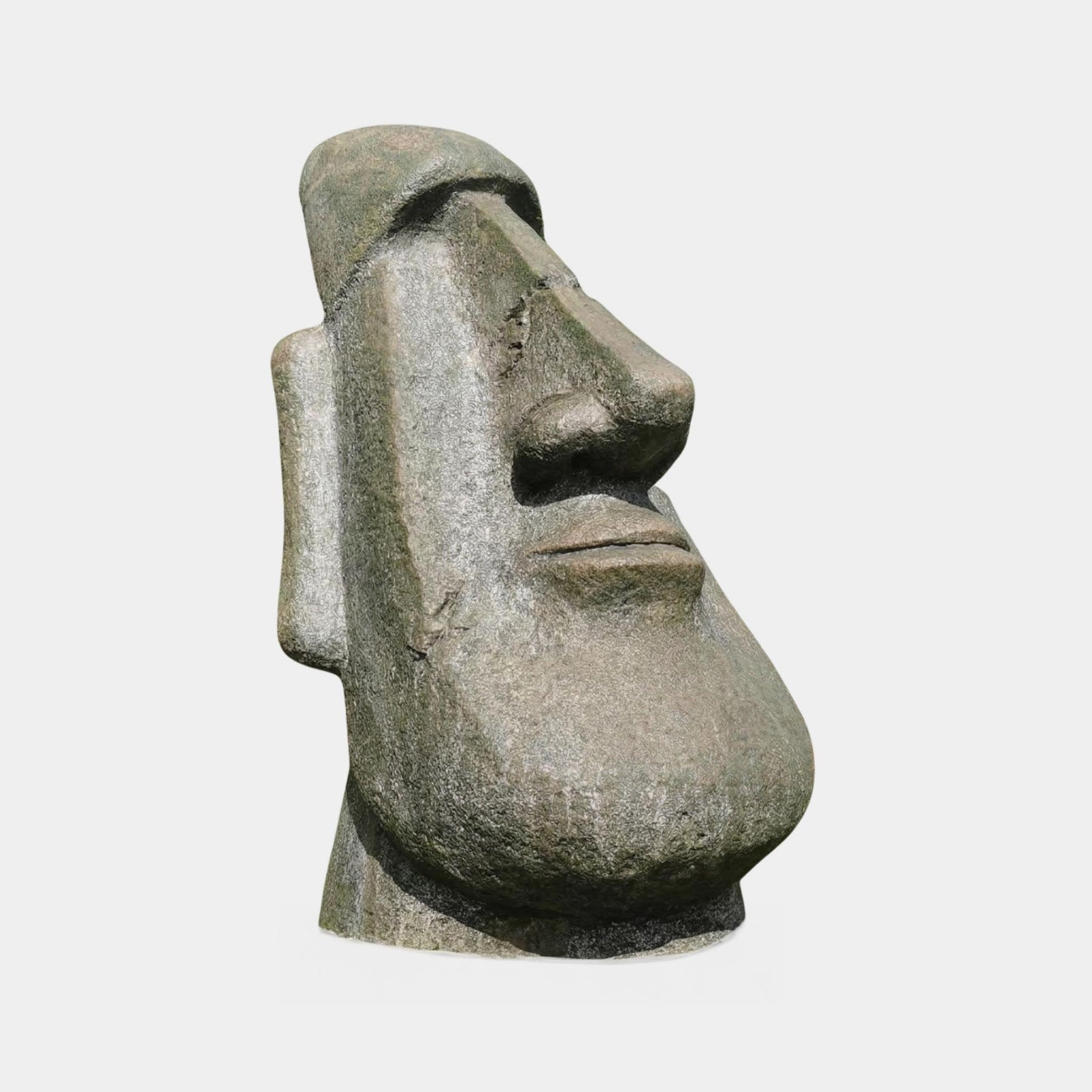The Moai Easter Island Head Stone Sculpture (100cm) by Giant Sculptures features an elongated face, prominent nose, deep-set eyes, and strong jawline, displayed alone against a white background.