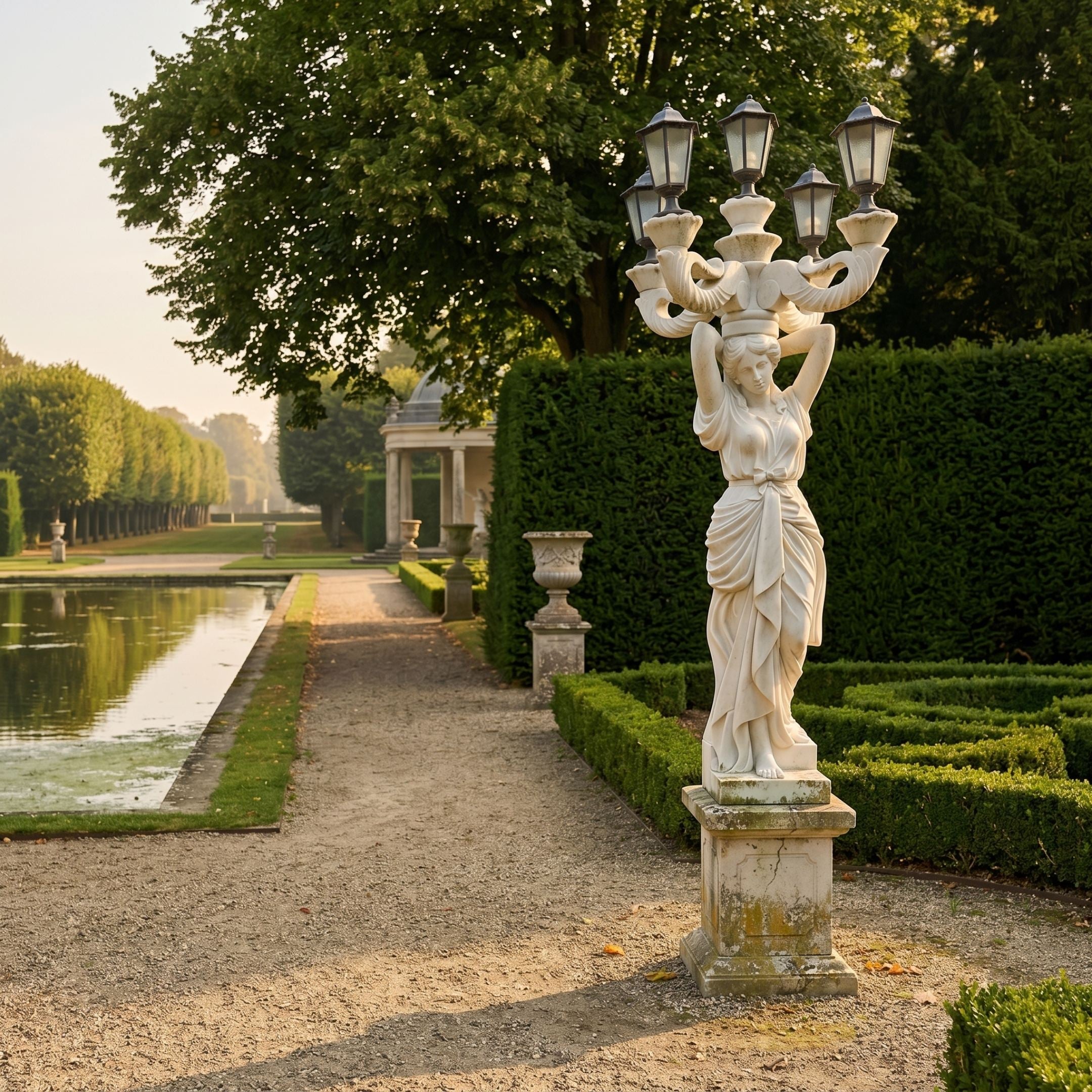 Classical Woman Five-Arm Lamp Marble Sculpture 300cm by Giant Sculptures, draped figure holding lanterns aloft on a pedestal beside a formal garden pond.