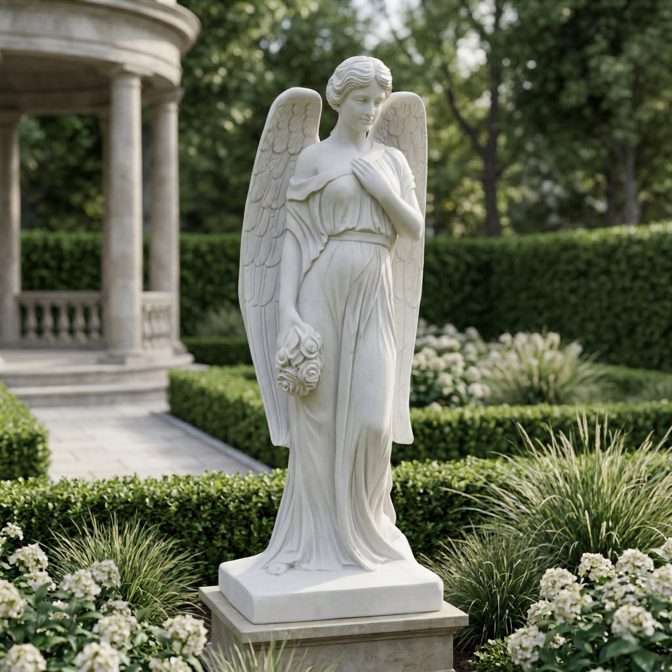 The Tender Heart Angel Marble Outdoor Sculpture (200cm) by Giant Sculptures stands elegantly in a manicured garden with lush greenery, blooming bushes, and a stone gazebo in the background.