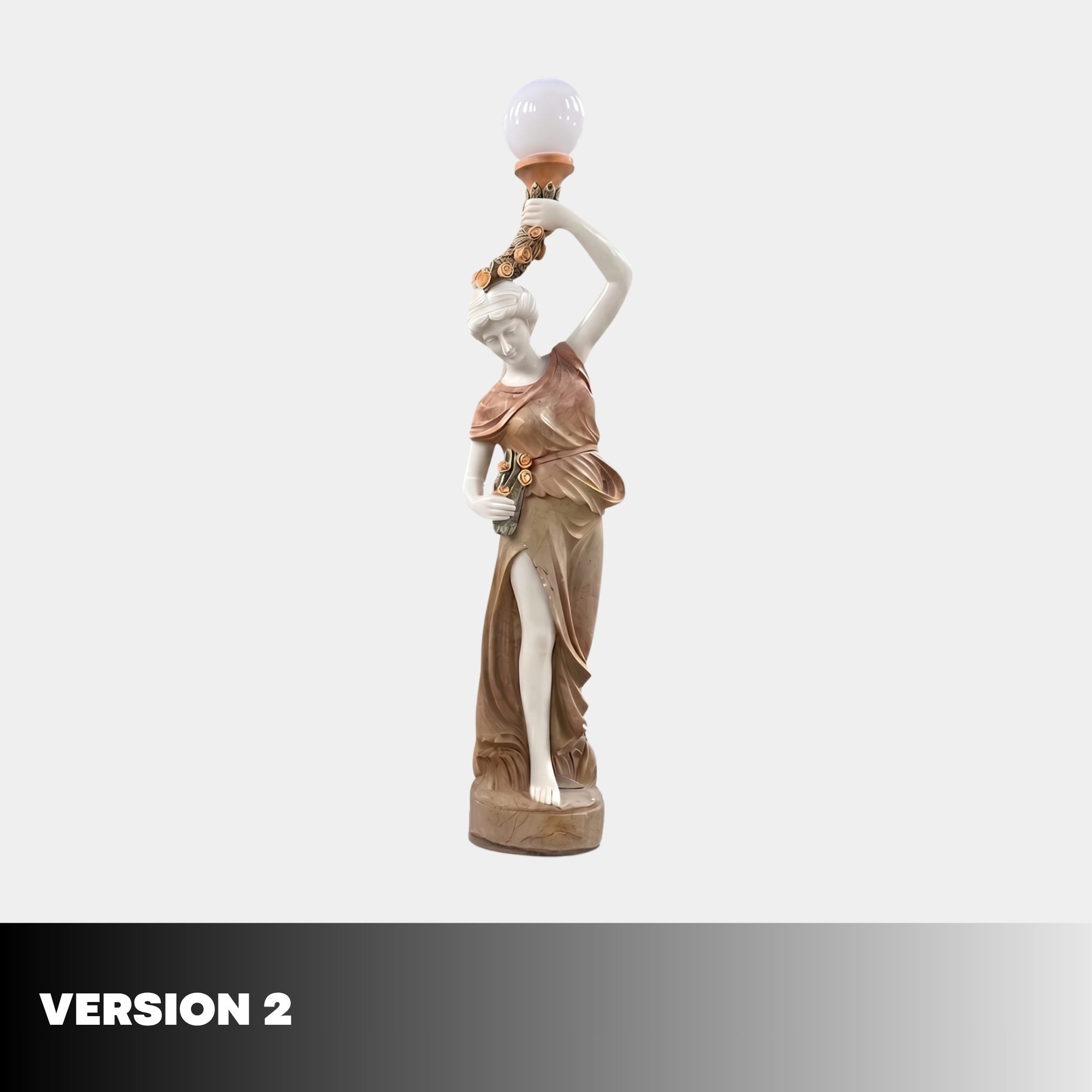 Dancing Lady Lamp Marble Sculpture 180cm by Giant Sculptures, version 2, showing a draped figure in pink and beige tones raising a glowing globe lamp.