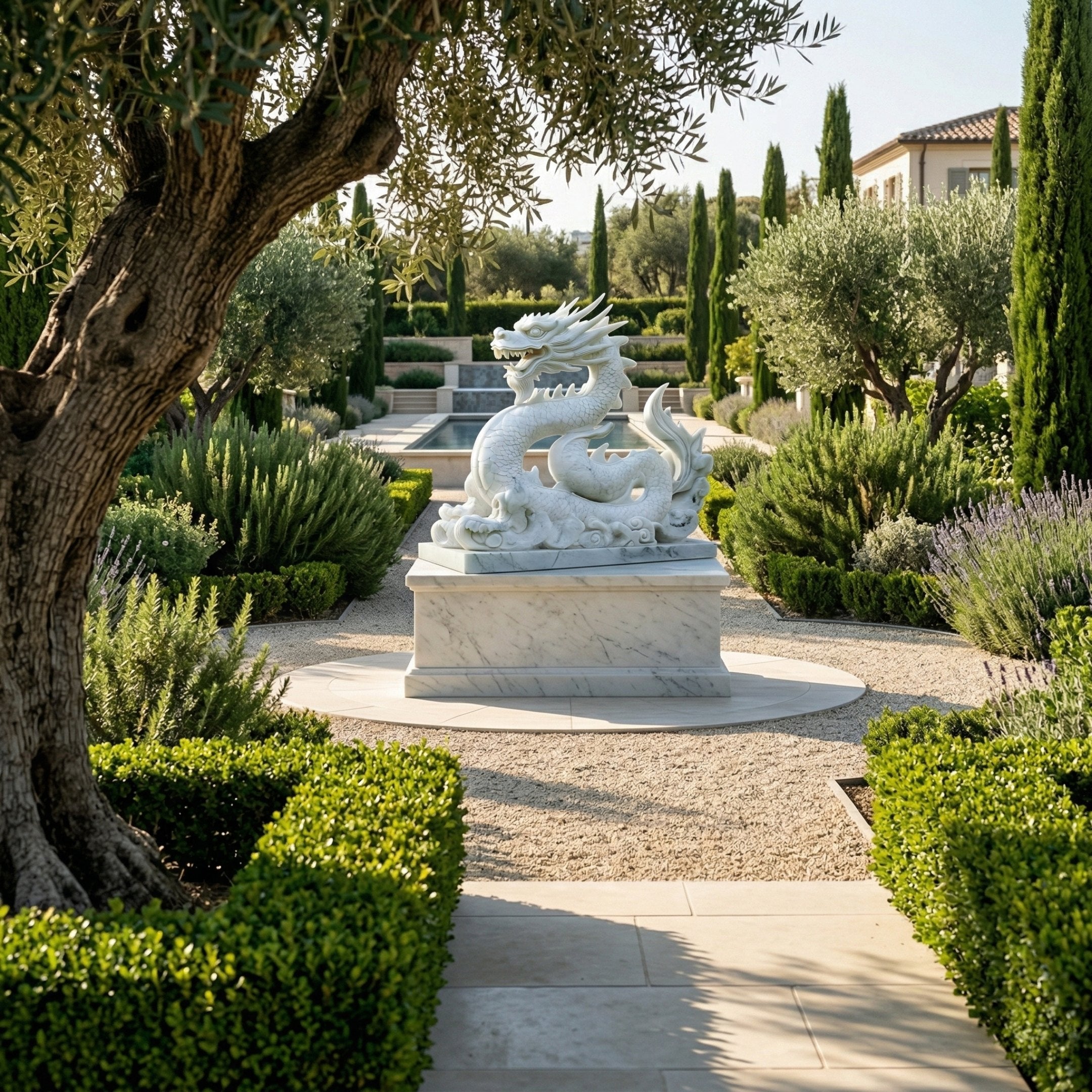 The Imperial Dragon White Marble Outdoor Sculpture - 120cm by Giant Sculptures stands on a pedestal amid manicured hedges and gravel paths, framed by an olive tree with a Mediterranean building behind.