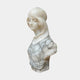 The Classical Maiden Marble Bust - 60cm by Giant Sculptures features a white marble woman with gray veining, a headscarf, detailed face, textured garment, and one missing arm.