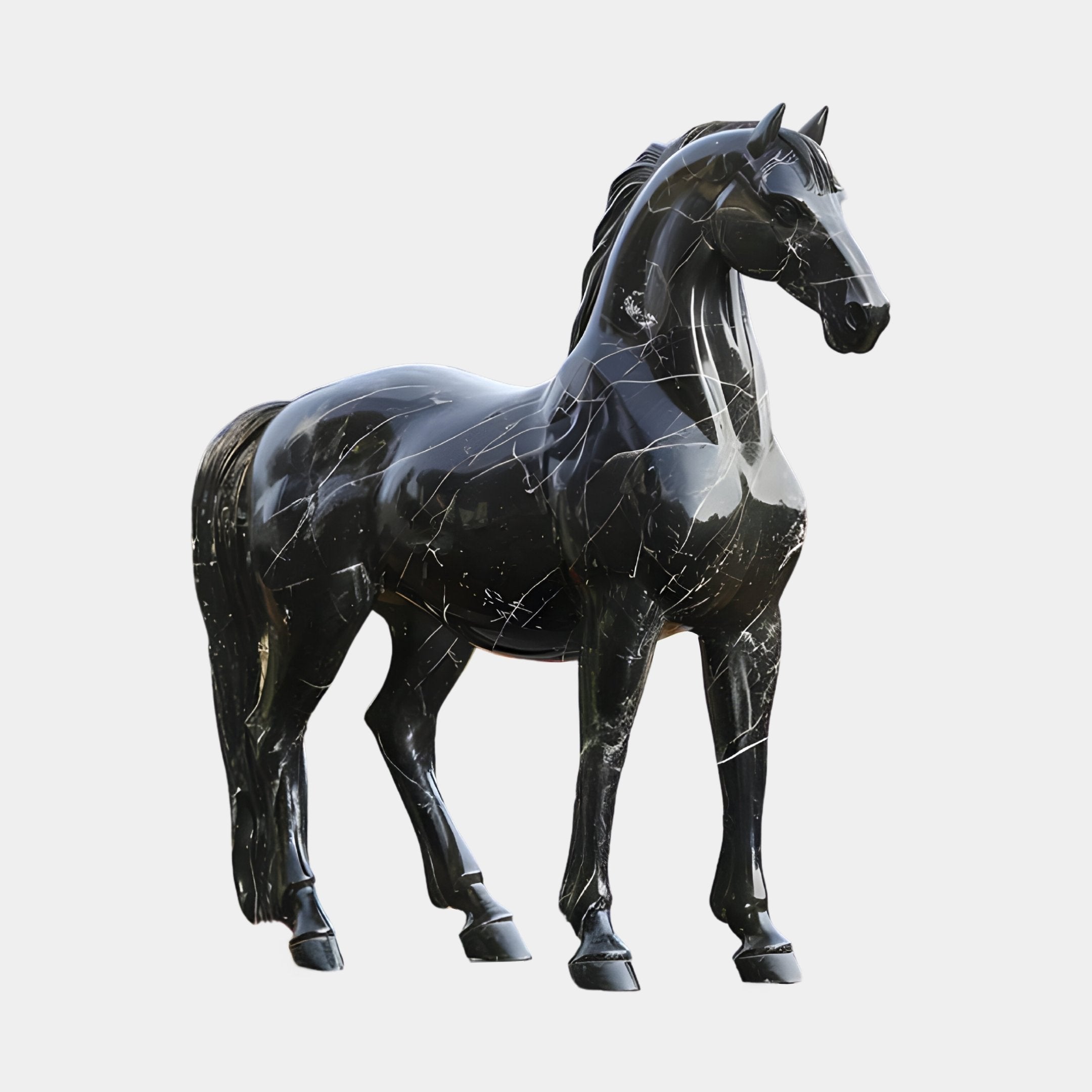 The Stately Horse Black Marble Outdoor Sculpture by Giant Sculptures is a 220cm glossy black marble statue featuring intricate mane and muscular build details. This equestrian art masterpiece stands upright against a plain white background, ideal as an elegant addition to any garden.