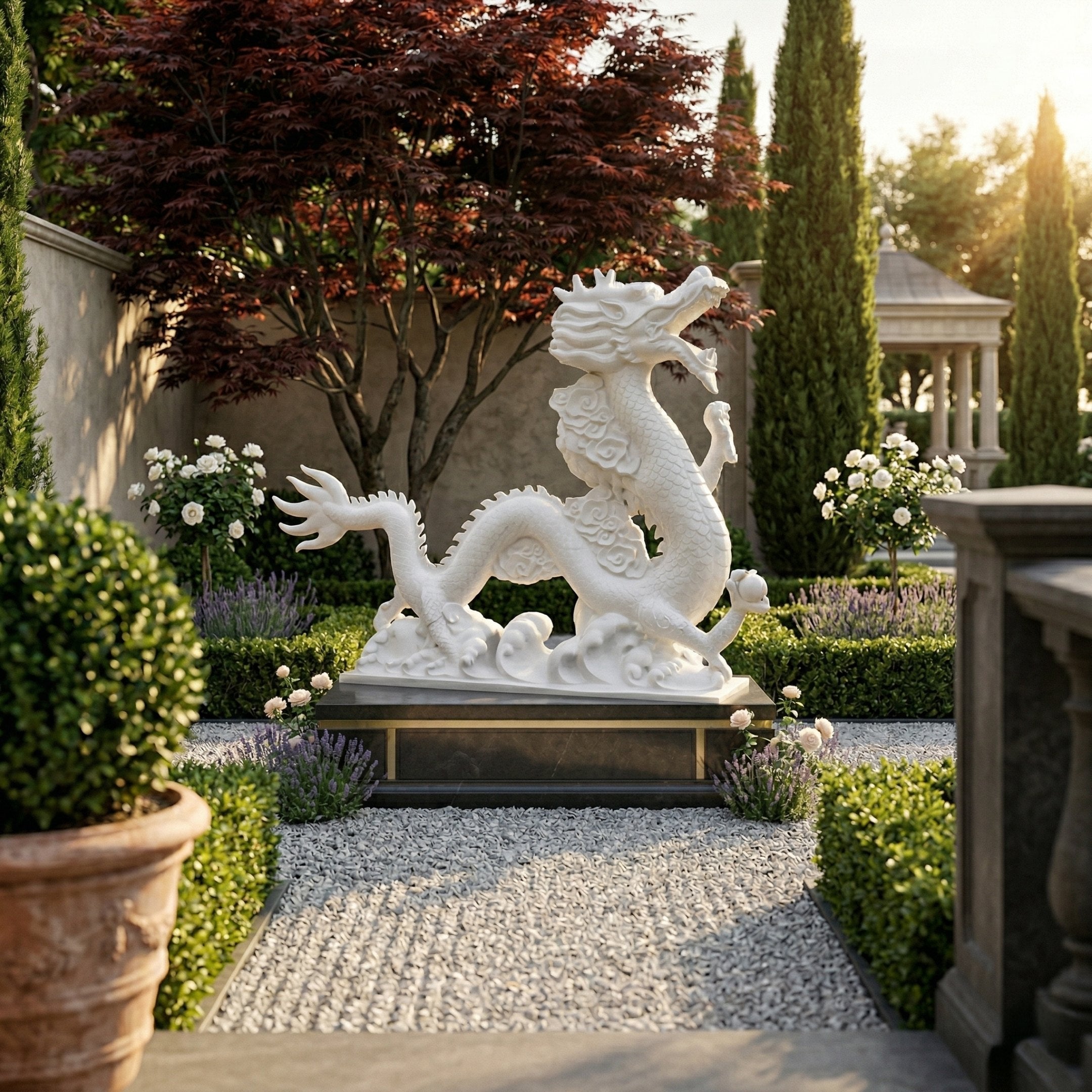 The Cloud-Surging Dragon Marble Outdoor Sculpture - 260cm by Giant Sculptures stands on a gravel path amid trimmed hedges, white flowers, potted plants, and tall trees with sunlight streaming through the manicured garden.