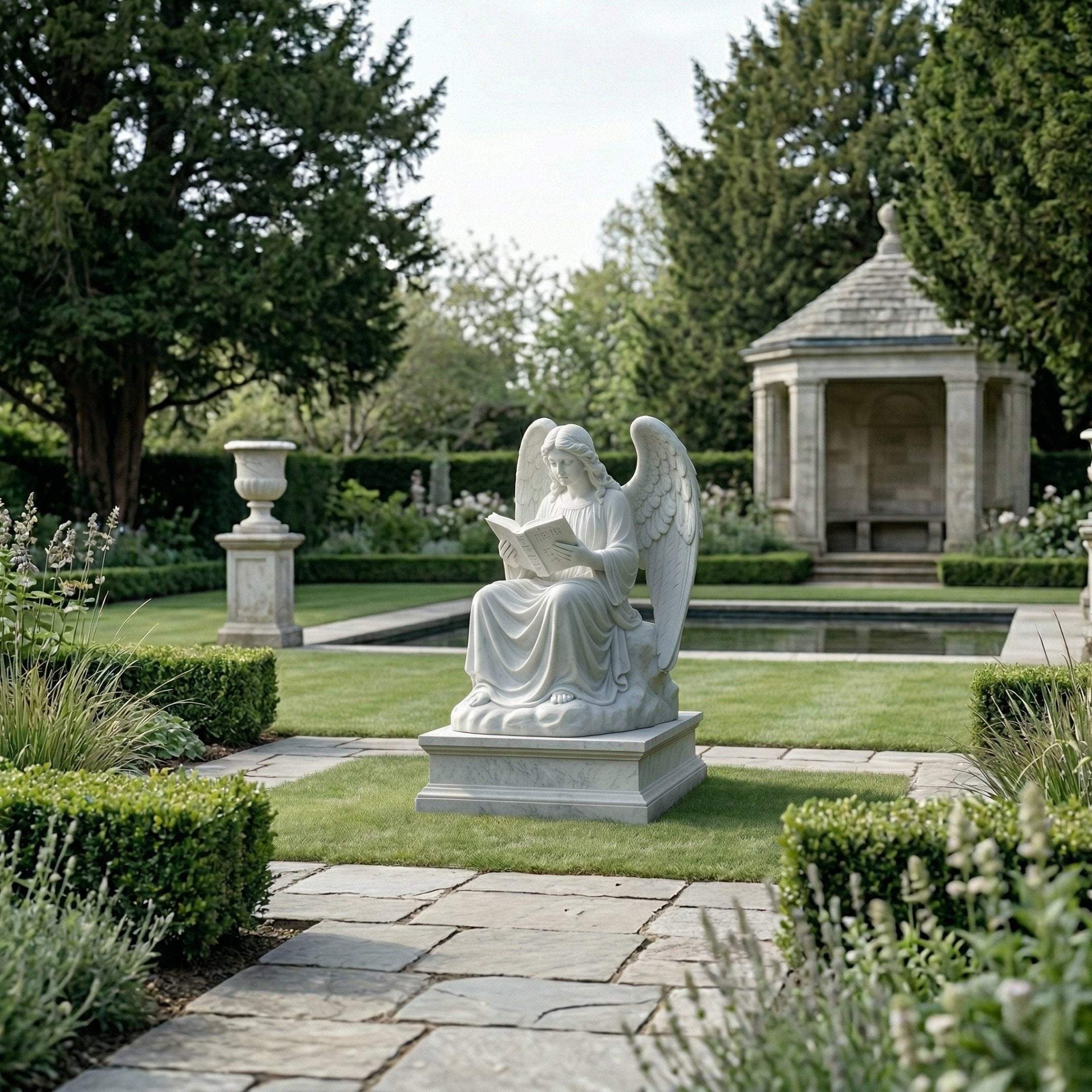The Tranquil Reading Angel Marble Outdoor Sculpture - 150cm by Giant Sculptures sits serenely on a stone path in a manicured garden with trimmed hedges, a reflecting pool, an urn, and a gazebo amid tall green trees.