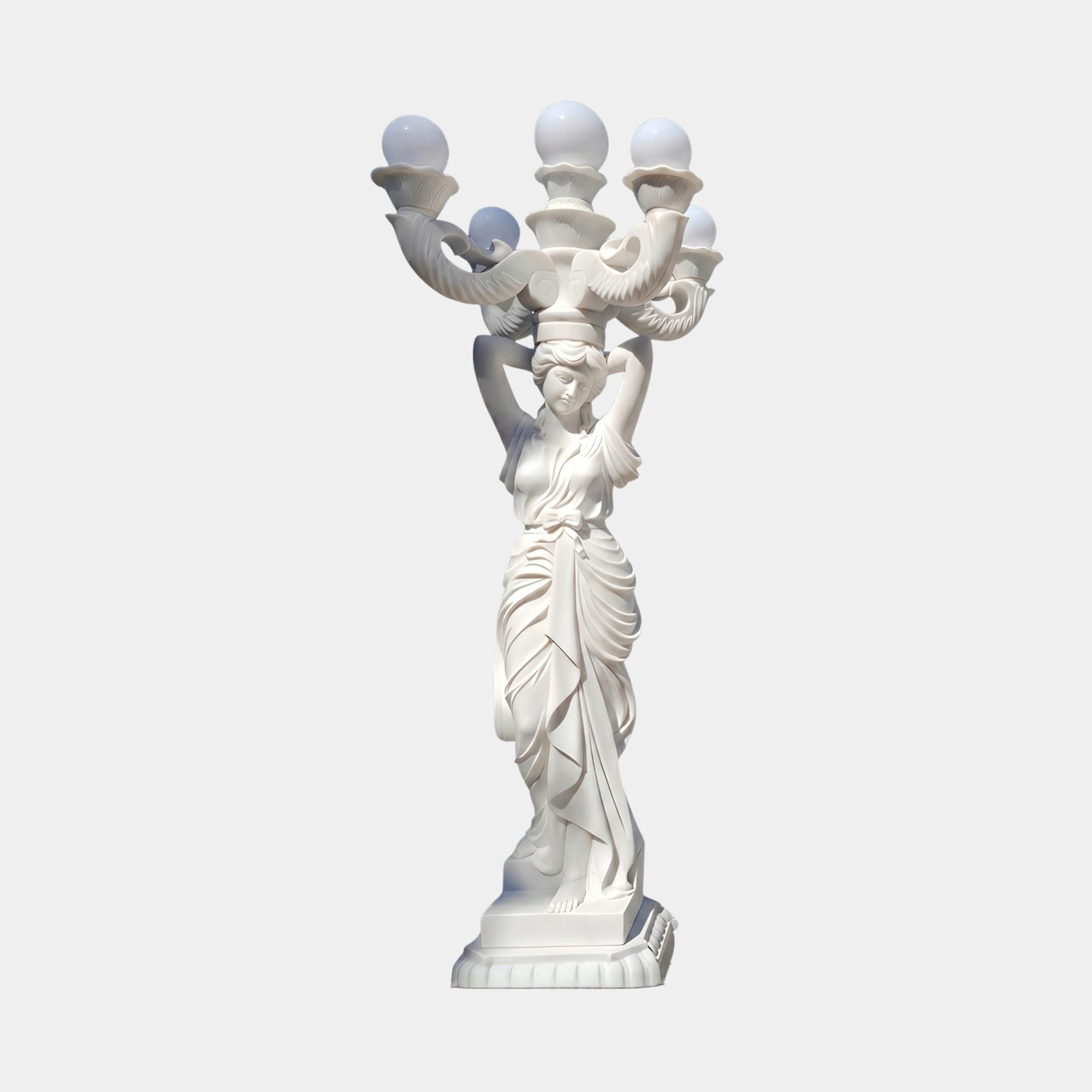 Giant Sculptures' 230cm Classical Woman Lamp Marble Sculpture in white marble, with the draped figure raising both arms to support a five-arm globe lamp post.