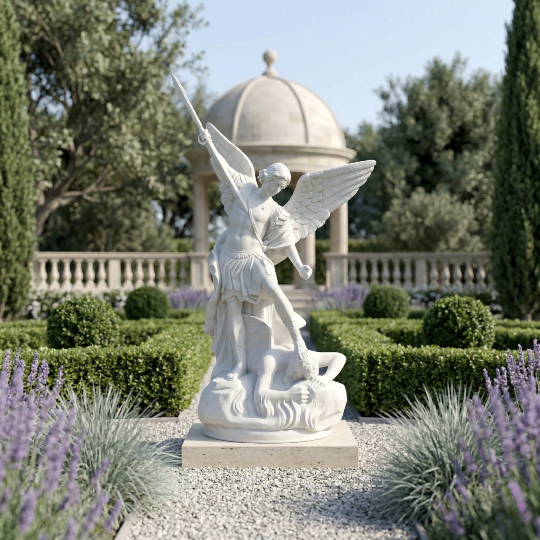 The Conquering Spear Archangel Marble Outdoor Sculpture (260cm) by Giant Sculptures stands amid lavender, hedges, and a domed pavilion in a formal garden, surrounded by lush greenery on a sunny day.