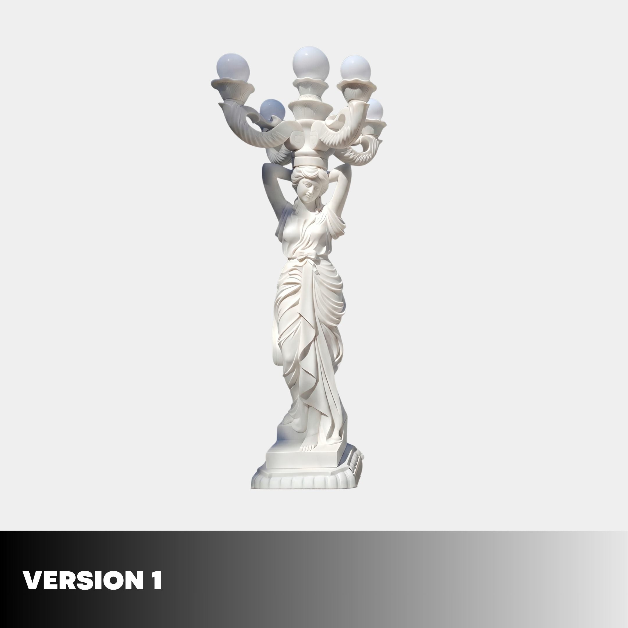Classical Woman Lamp Marble Sculpture 230cm by Giant Sculptures, draped female figure with arms raised supporting five frosted globe lights on a scrolled base.