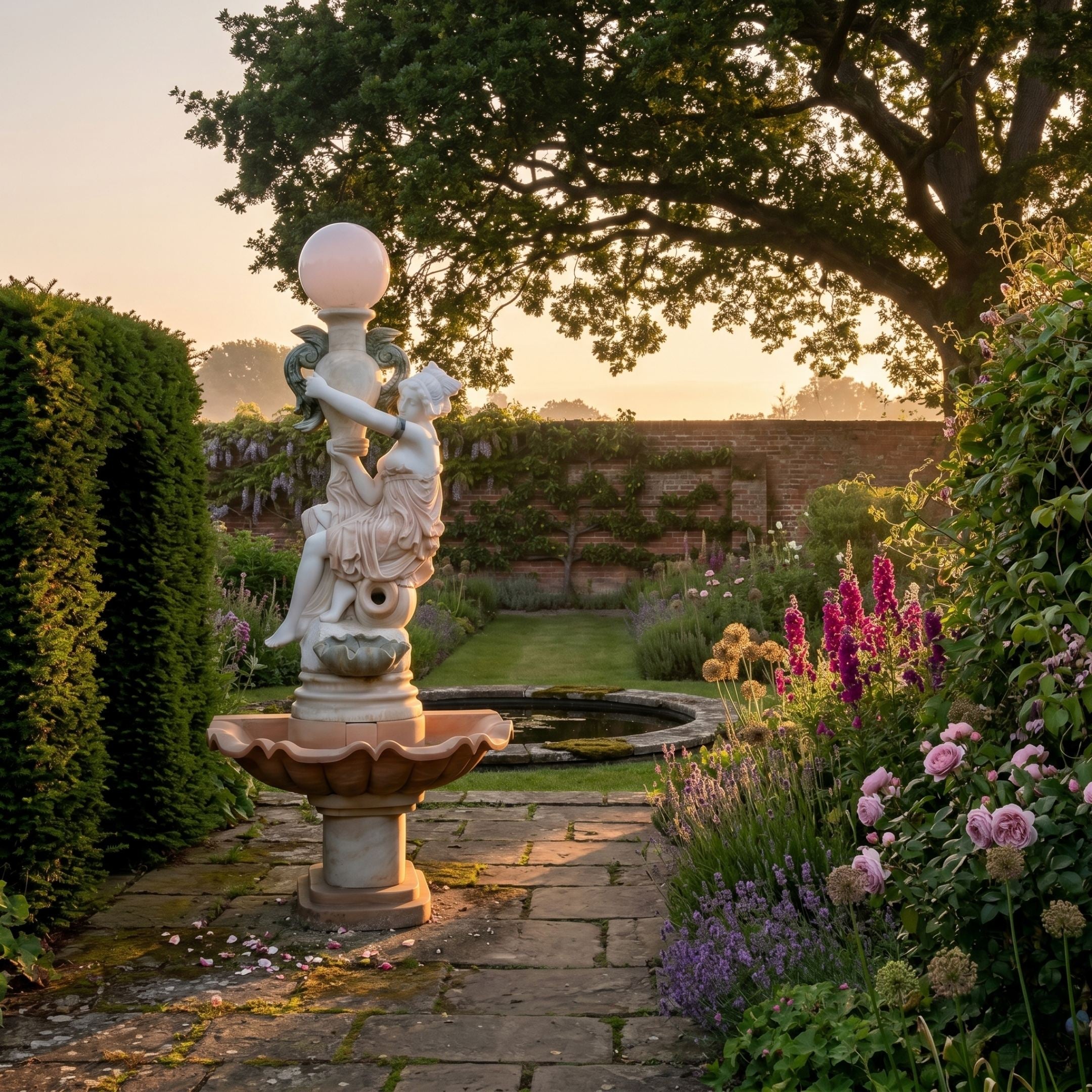 Giant Sculptures Figure Lamp on Column Marble Sculpture 240cm with classical woman, terracotta scalloped basin and frosted globe in a walled garden at dusk.