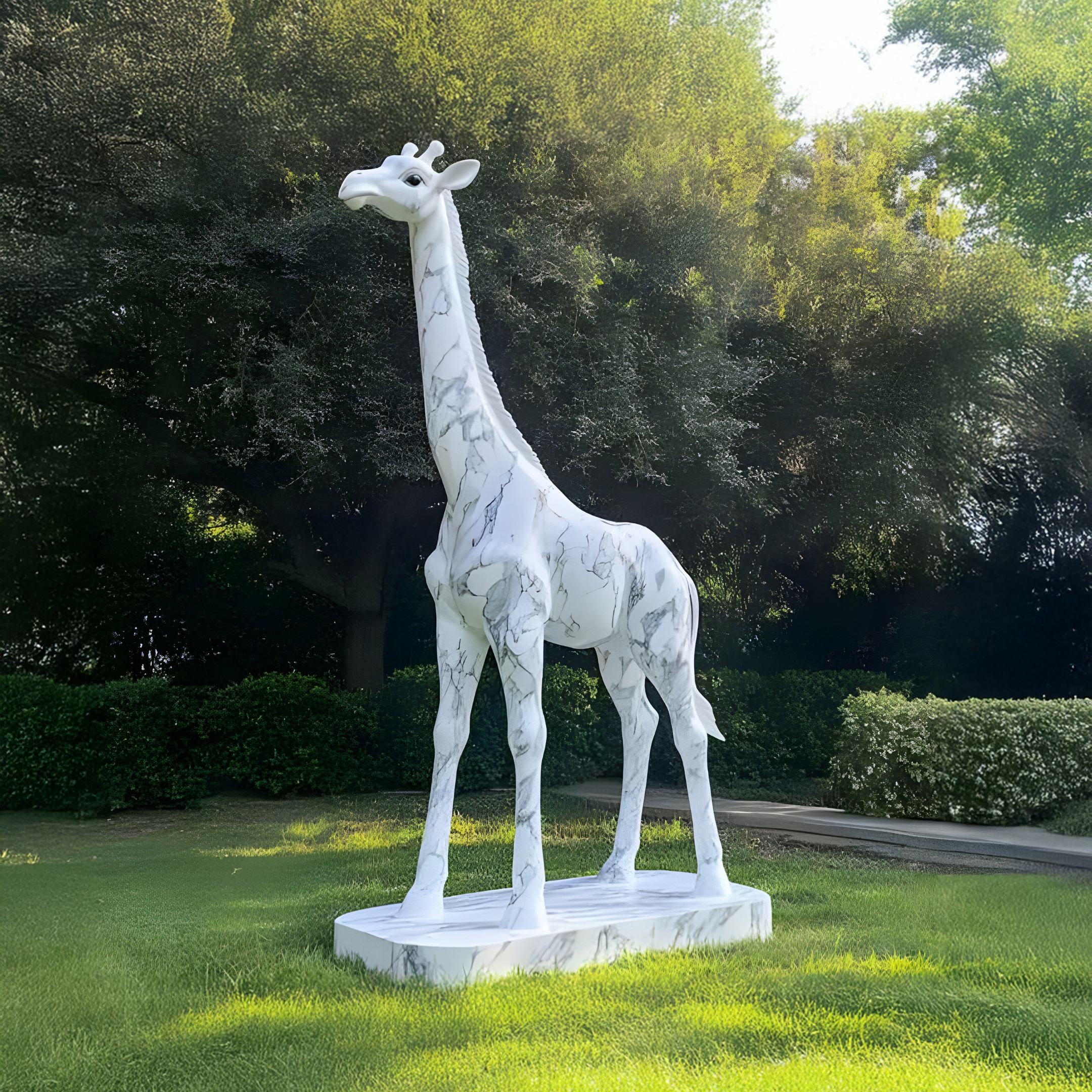 The Graceful Giraffe White Marble Outdoor Sculpture - 350cm by Giant Sculptures stands elegantly on a grassy lawn, its white marble-like texture contrasting beautifully against dense green trees, capturing a sleek and serene pose in sunlight.