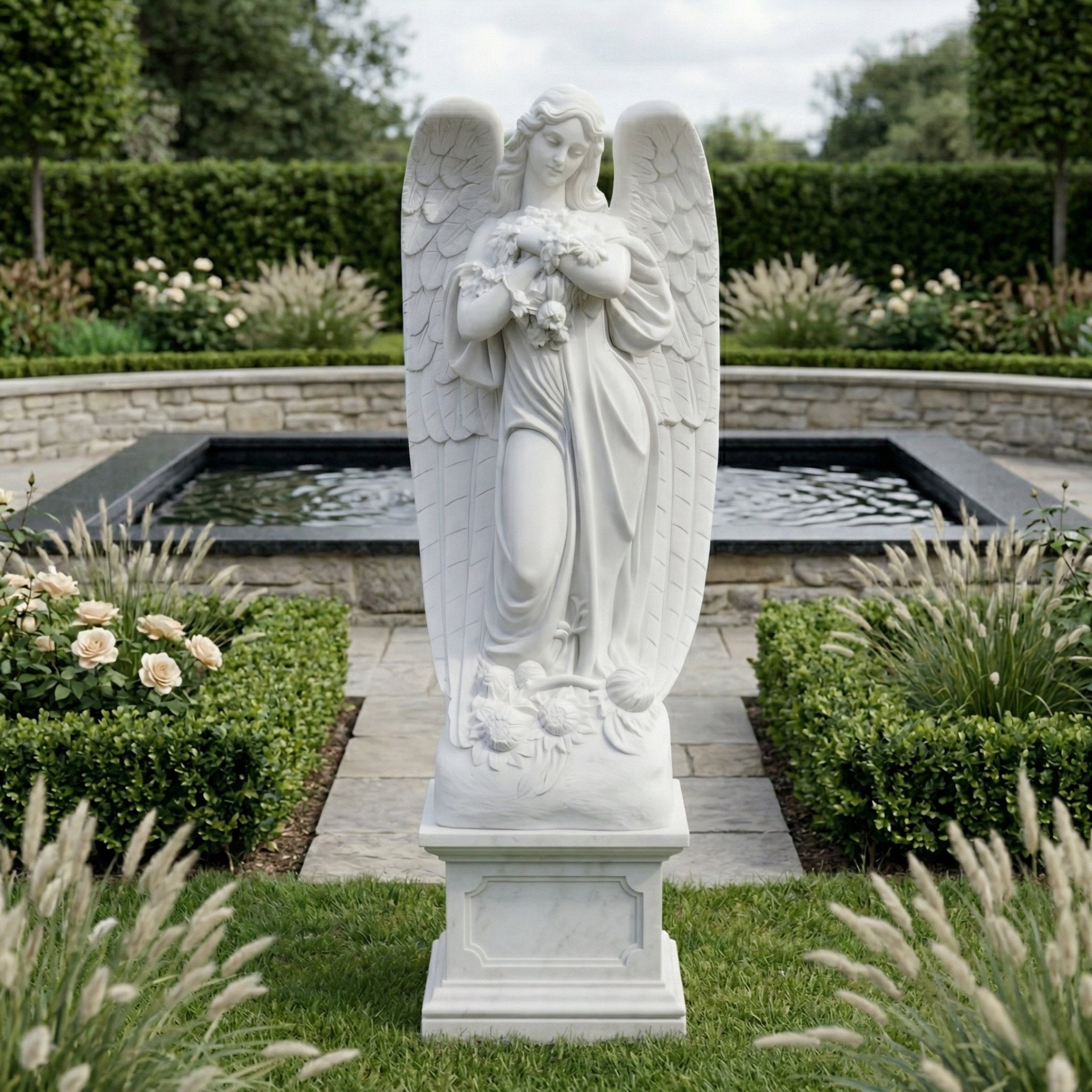The Blooming Guardian Angel Marble Outdoor Sculpture - 220cm by Giant Sculptures stands in a manicured garden among roses and greenery, with a rectangular pond and stone pathway in the background.