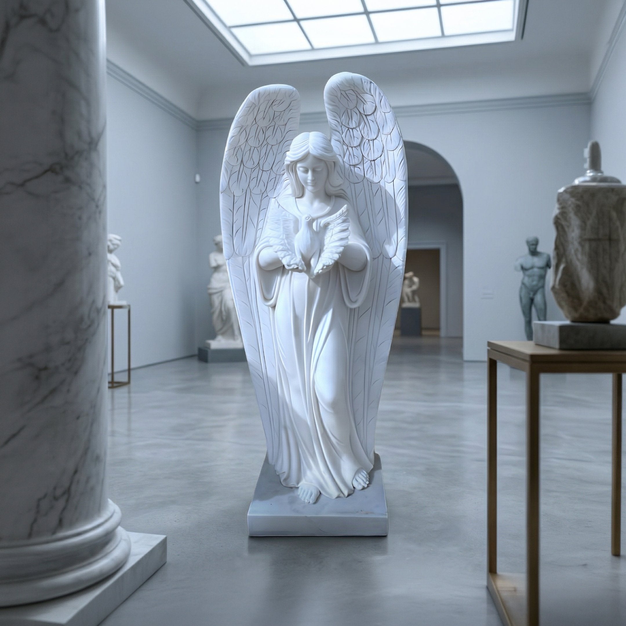 The Peaceful Dove Angel Marble Outdoor Sculpture - 180cm by Giant Sculptures stands with folded hands in the center of a bright museum gallery, surrounded by classical works and illuminated by a large skylight.
