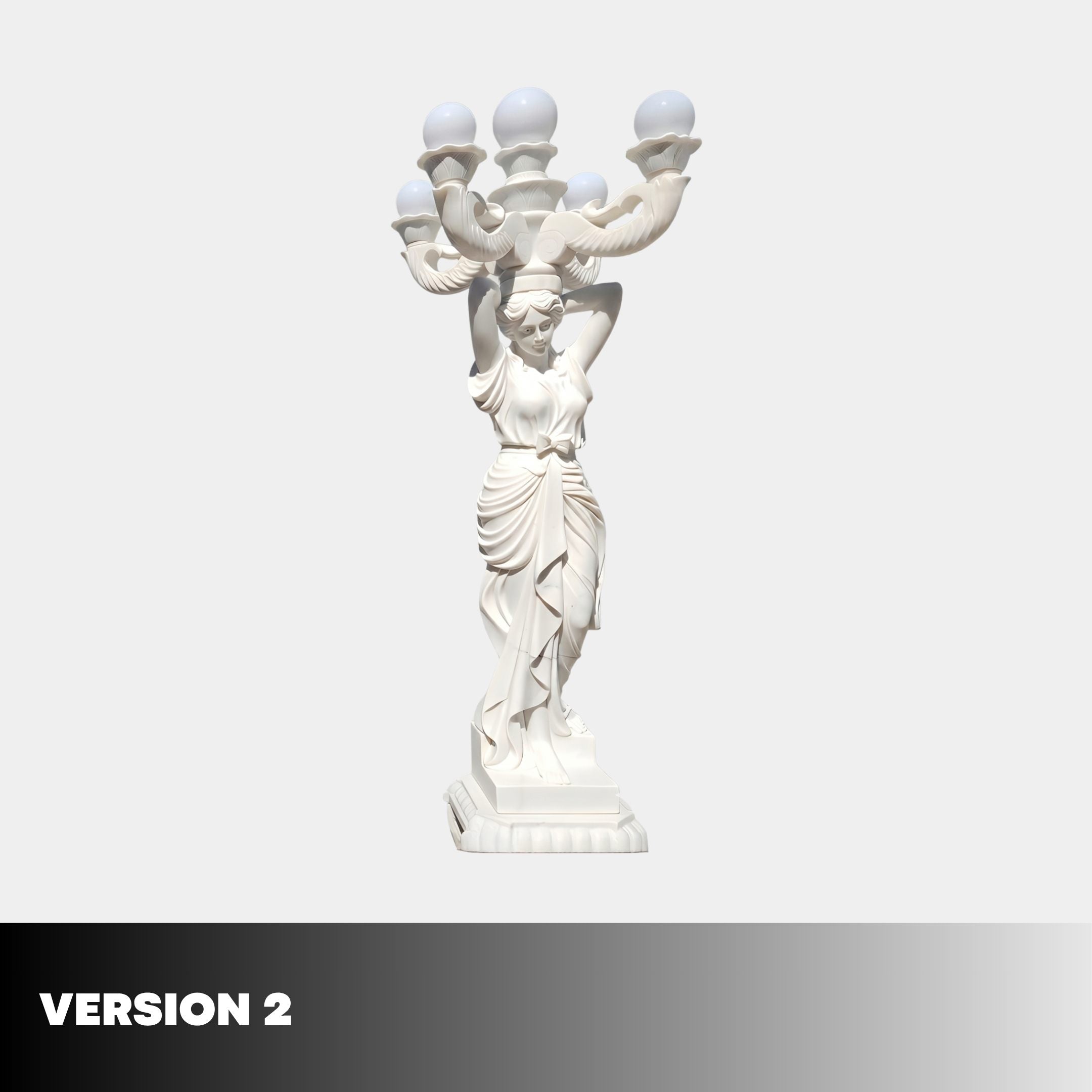 Giant Sculptures' 230cm Classical Woman Marble Lamp Sculpture in white, shown front-on with arms raised supporting five frosted globe lamps on scrolled arms, on a plain background.