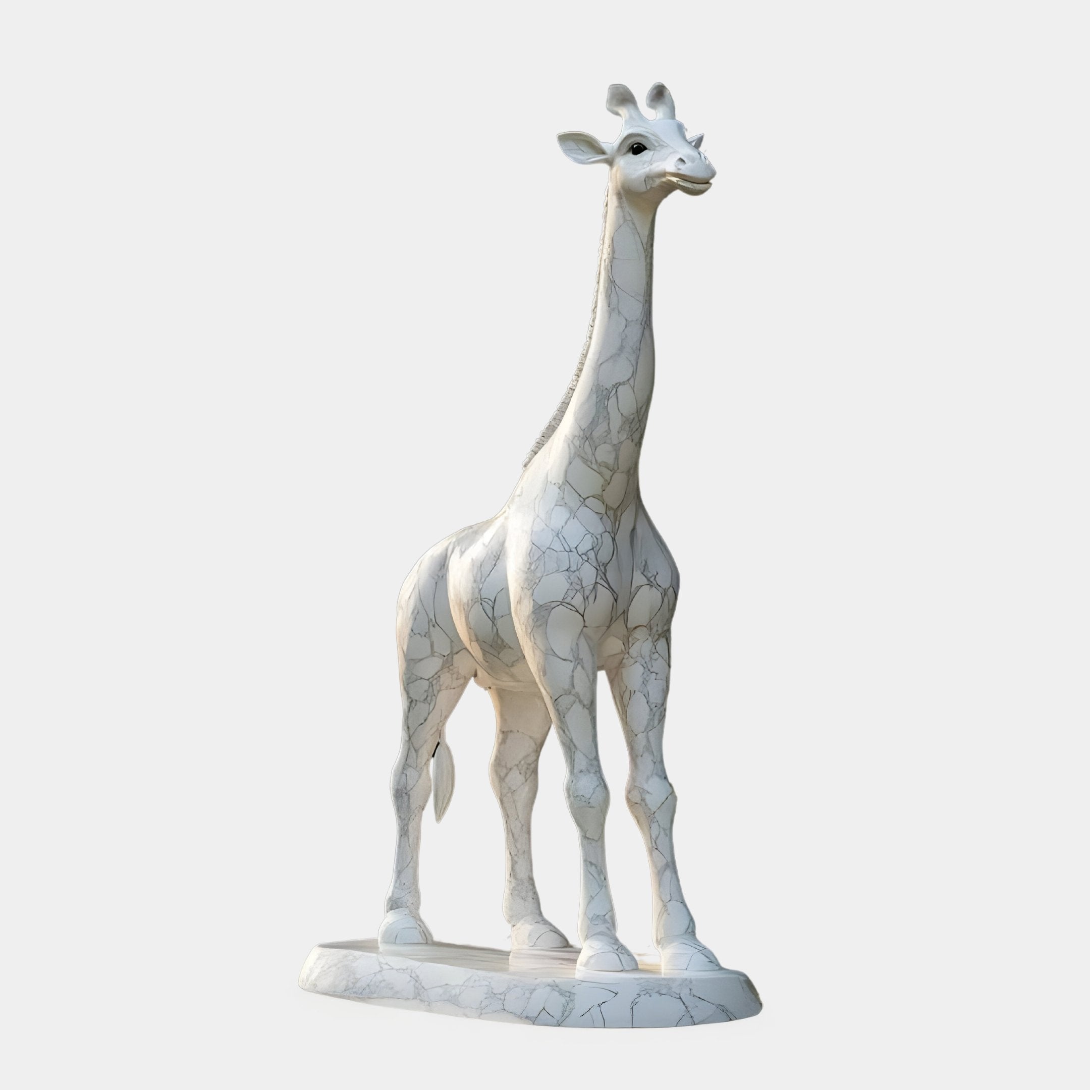 The Skyward Grace Giraffe sculpture by Giant Sculptures is a 350cm white marble outdoor piece on a matching base, featuring a mix of curved and angular designs against a plain background.