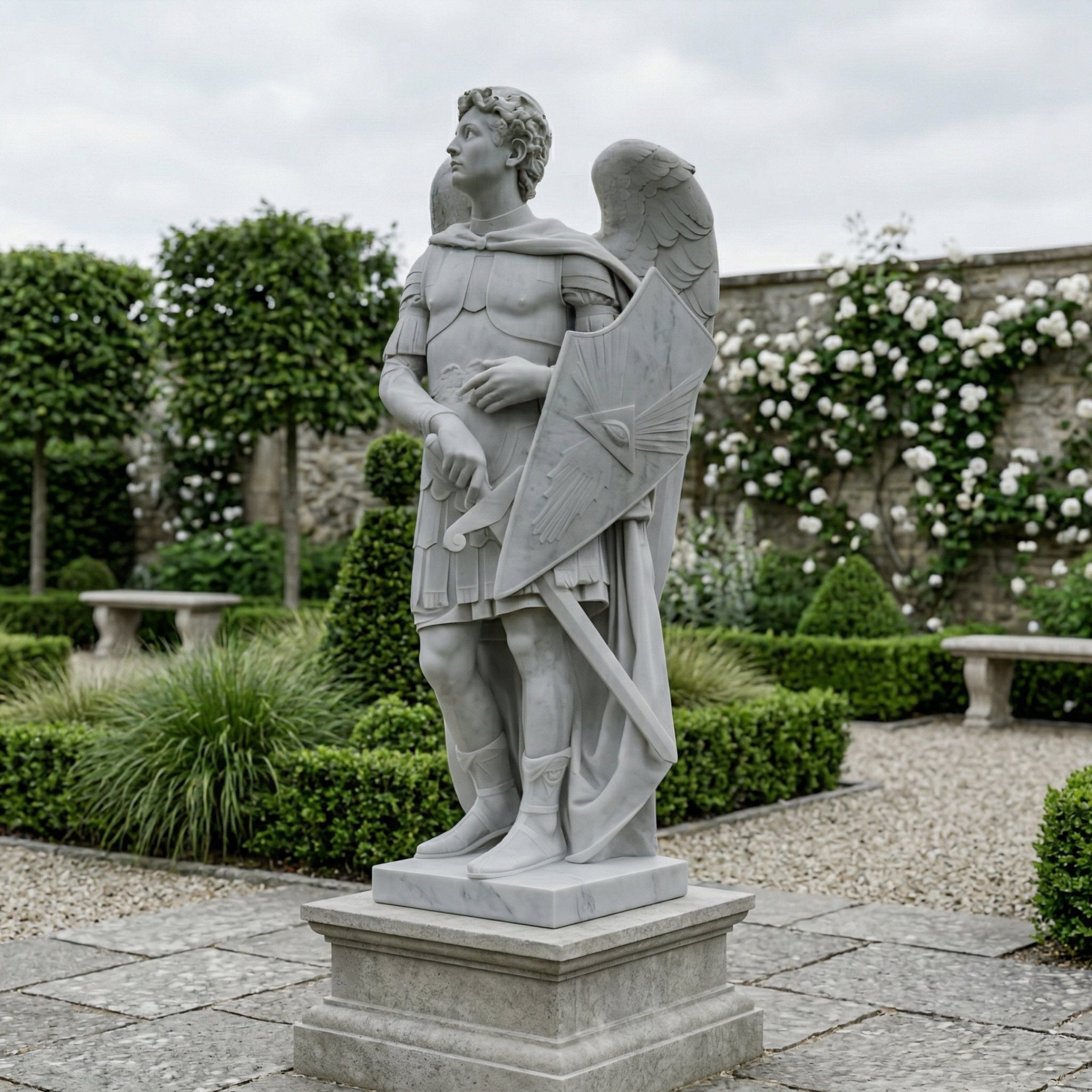 The Giant Sculptures Noble Shield Angel Marble Outdoor Sculpture (220cm) depicts a winged armored figure with a sword and shield, standing in a manicured garden surrounded by trimmed hedges, white roses, and stone benches.