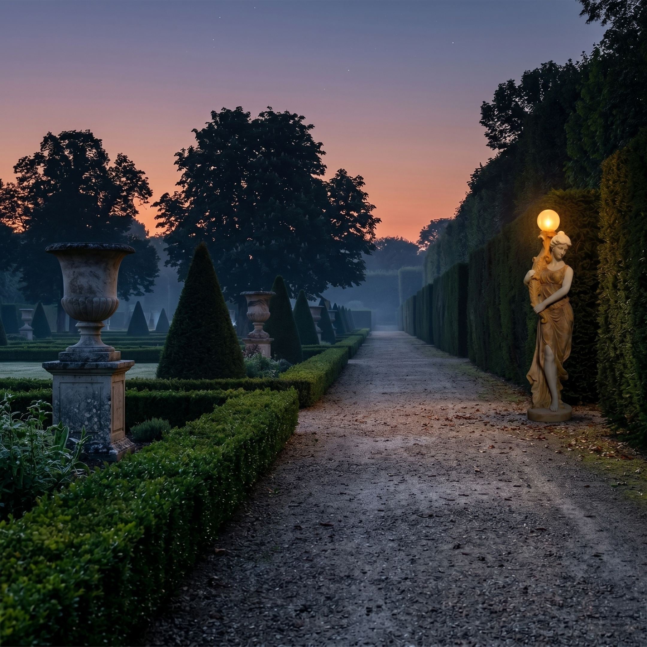 Giant Sculptures' 180cm Classical Woman Marble Lamp glowing on a formal garden path at dusk, beside hedges, topiary, and stone urns under a pink sky.