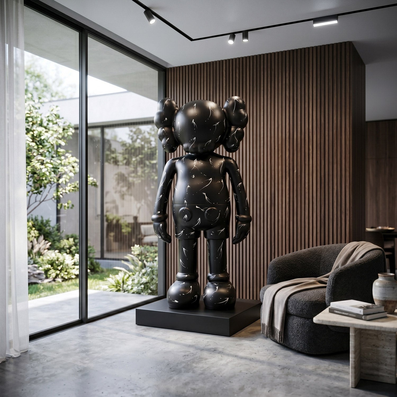 Rear view of the Giant Sculptures Black Stone Iconify Standing Sculpture 70cm on a black plinth in a modern living room with walnut slat wall and garden view.