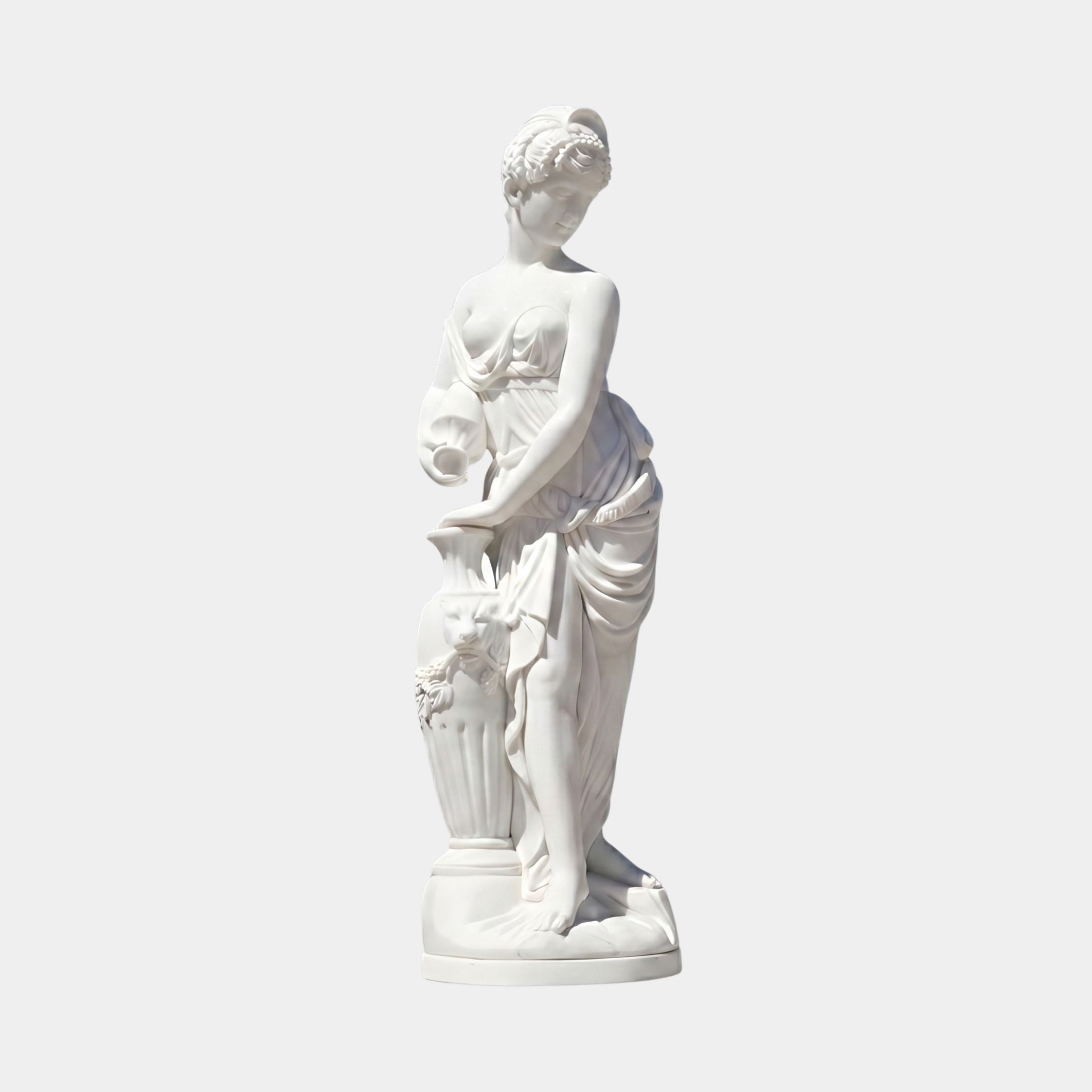 Giant Sculptures' 180cm Standing Female Figure Marble Sculpture depicting a draped woman resting her hand on a fluted urn, shown against a plain light background.