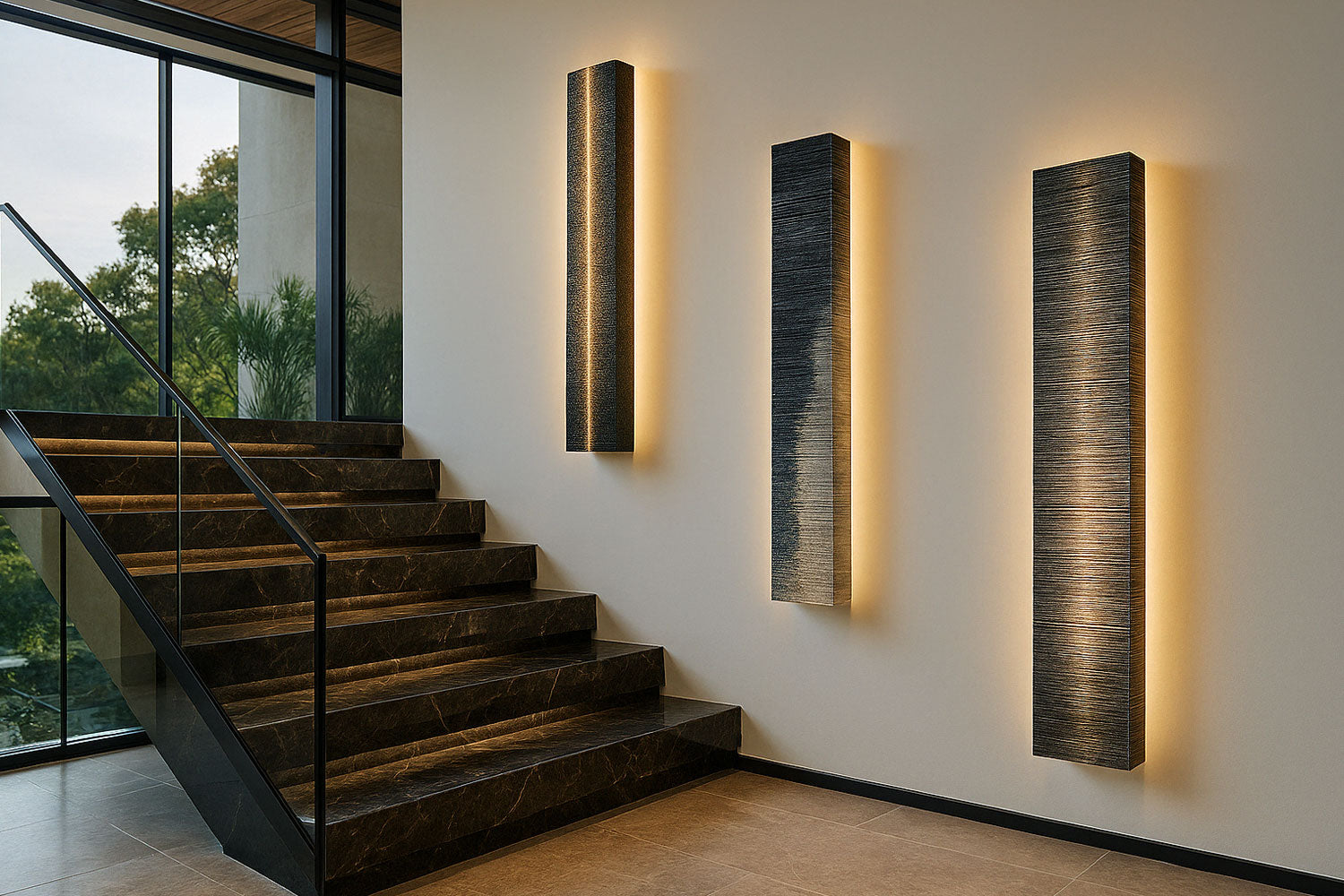 A modern staircase with dark steps next to a wall featuring three tall, rectangular, textured wall lights emitting a warm glow. Large windows on the left let in natural light and offer a view of trees outside.