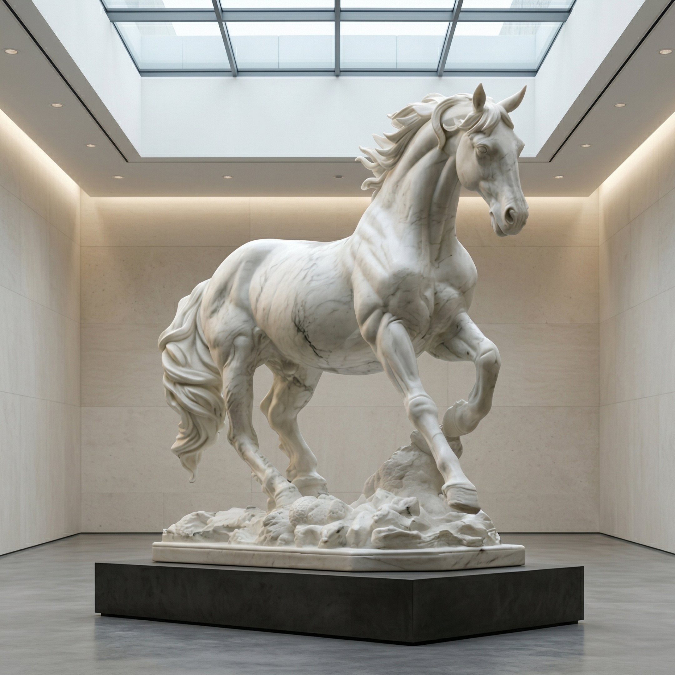 The Galloping Horse Marble Outdoor Sculpture - 160cm by Giant Sculptures stands as an impressive centerpiece in a modern gallery with white walls, polished floors, and a glass ceiling that fills the space with natural light.