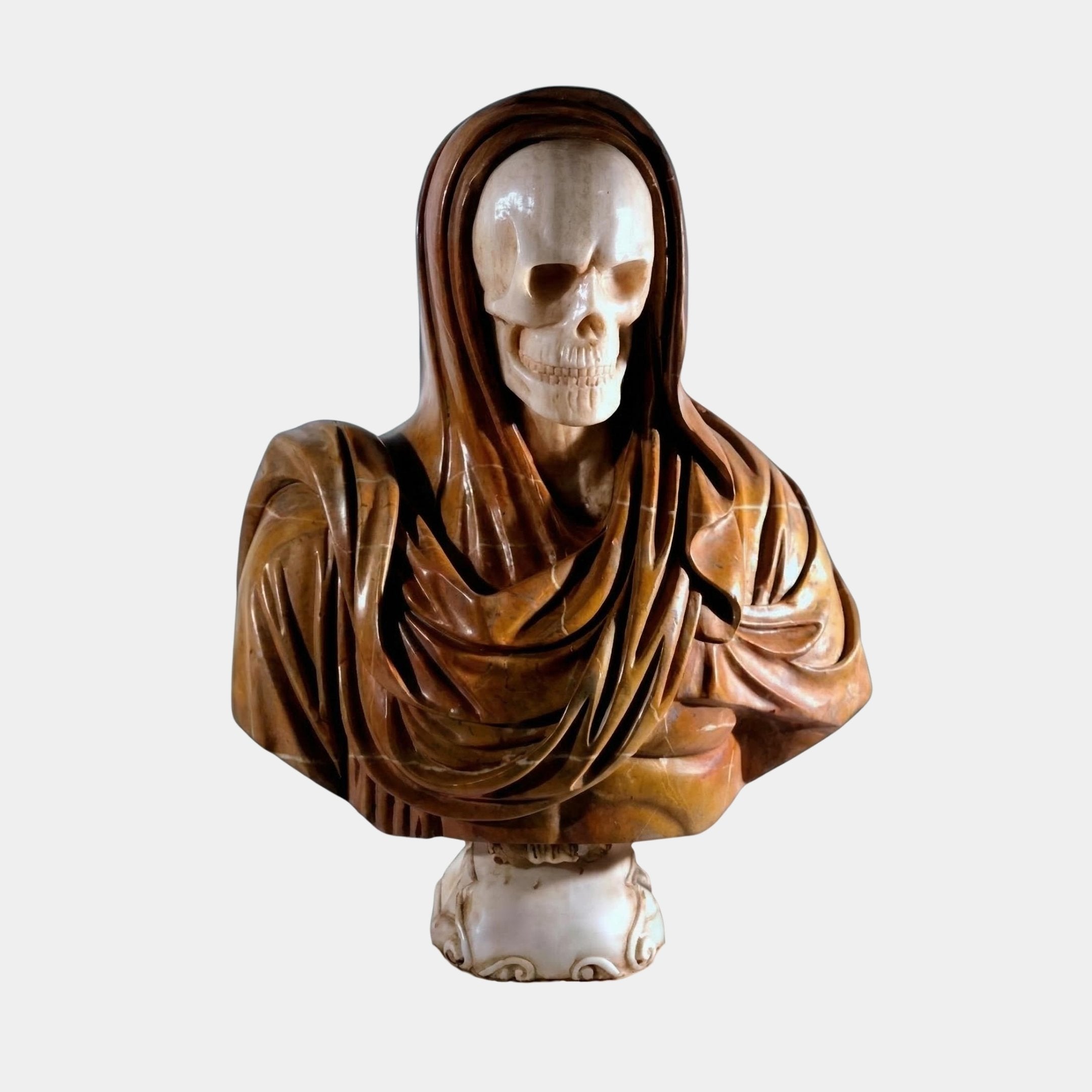 The Memento Mori Skull Marble Bust Sculpture - 90cm by Giant Sculptures features a finely detailed human skeleton in a hooded robe, making it a striking decorative art piece against a plain white background.
