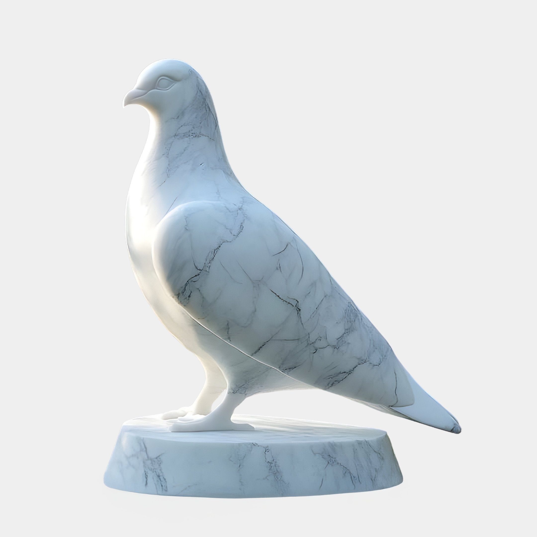 The Elegant Dove Marble Outdoor Sculpture by Giant Sculptures stands on a round base, showcasing its smooth surface and subtle veining against a light gray backdrop, making it a captivating and graceful outdoor piece.