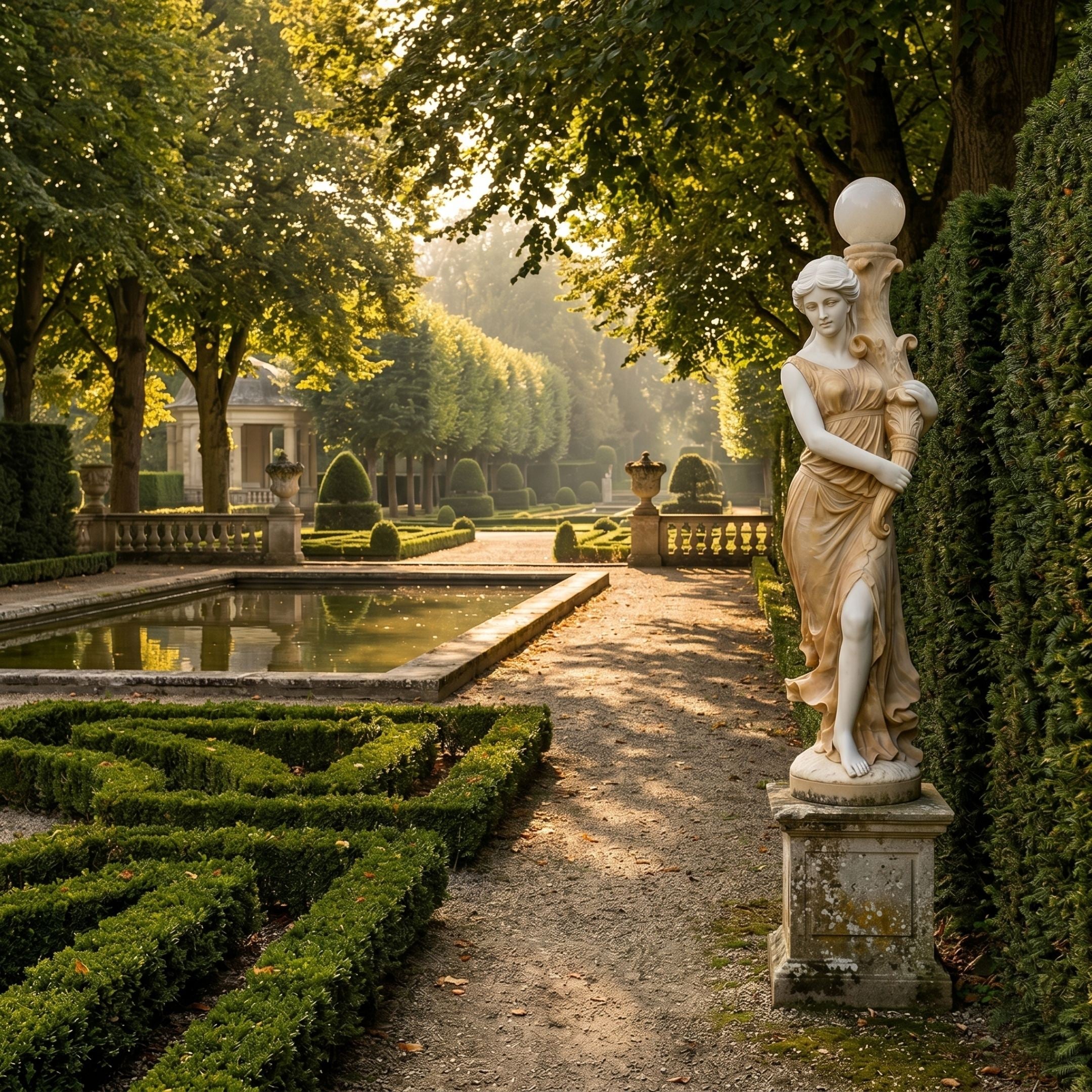 Classical Woman Lamp Marble Sculpture 180cm by Giant Sculptures on a stone pedestal beside a formal hedged garden with reflecting pool at golden hour.
