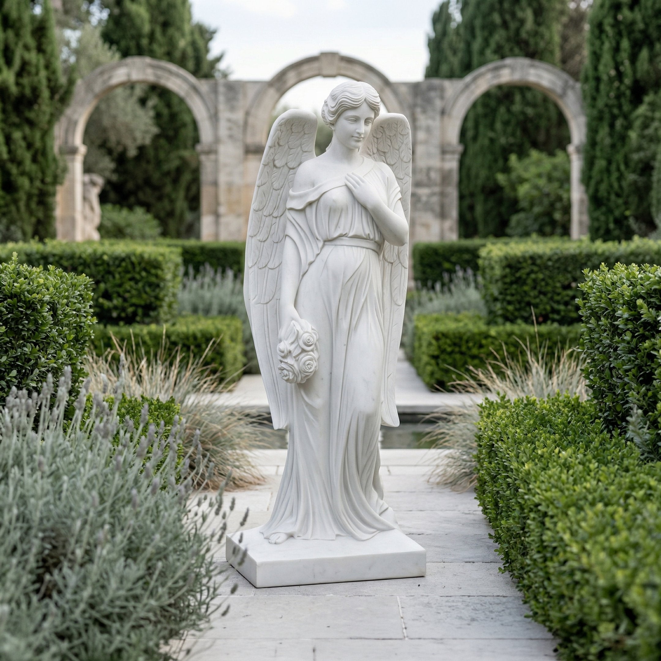 The Heartfelt Bouquet Angel Marble Outdoor Sculpture by Giant Sculptures stands 200cm tall, featuring a hand-carved angel with a bouquet—an elegant centerpiece for gardens and outdoor spaces.