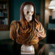 The Giant Sculptures Memento Mori Skull Marble Bust Sculpture (90cm) sits on a table, making a striking art piece against shelves of books and the soft glow of a lamp.