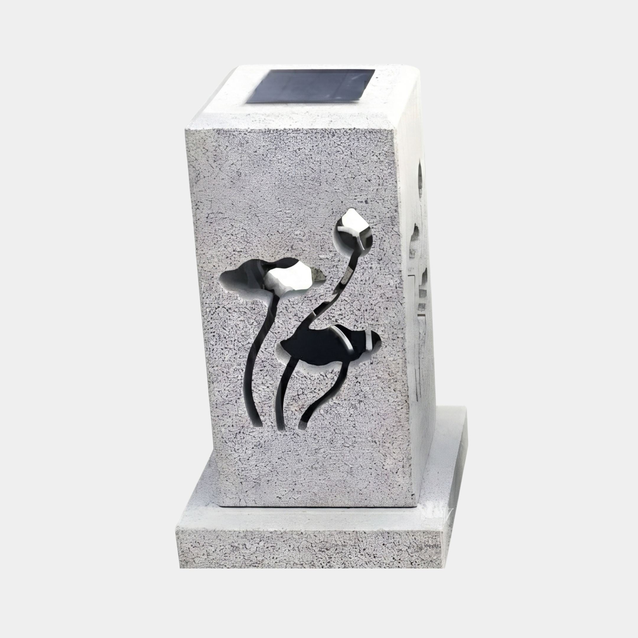 Giant Sculptures Japanese Stone Garden Lantern 50cm in grey granite with carved lotus flower cut-outs and a solar panel top, shown on a plain background.