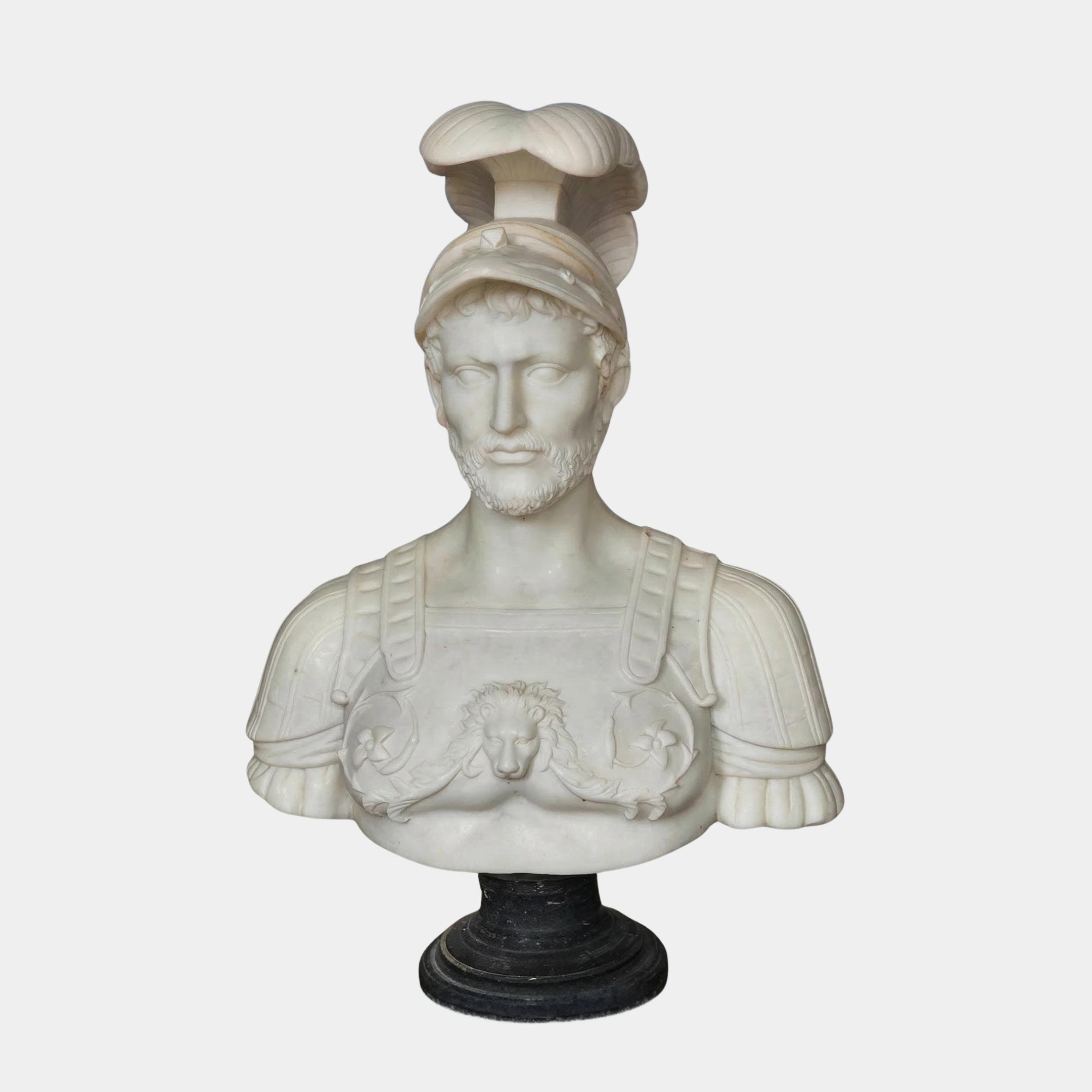 The Giant Sculptures Athena Marble Bust Sculpture - 90cm features an ancient warrior with a crested helmet and lion-detailed armor, set on a black pedestal against a plain background.