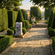 Giant Sculptures Japanese Stone Garden Lantern 50cm in pale granite with carved nature motifs, set among clipped topiary along a stone path in a formal garden.