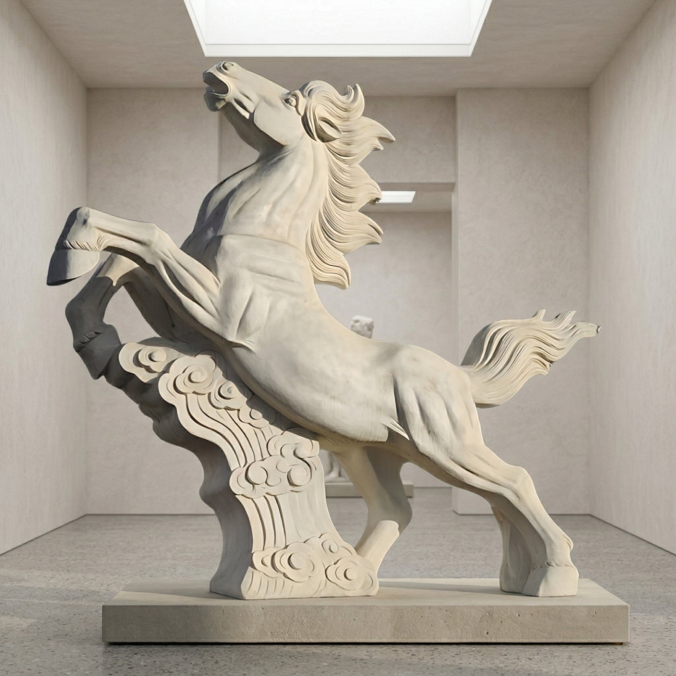 The Cloud-Rearing Horse Marble Outdoor Sculpture (300cm) by Giant Sculptures stands elegantly rearing in a modern, minimalist gallery with light gray walls and a skylight above.